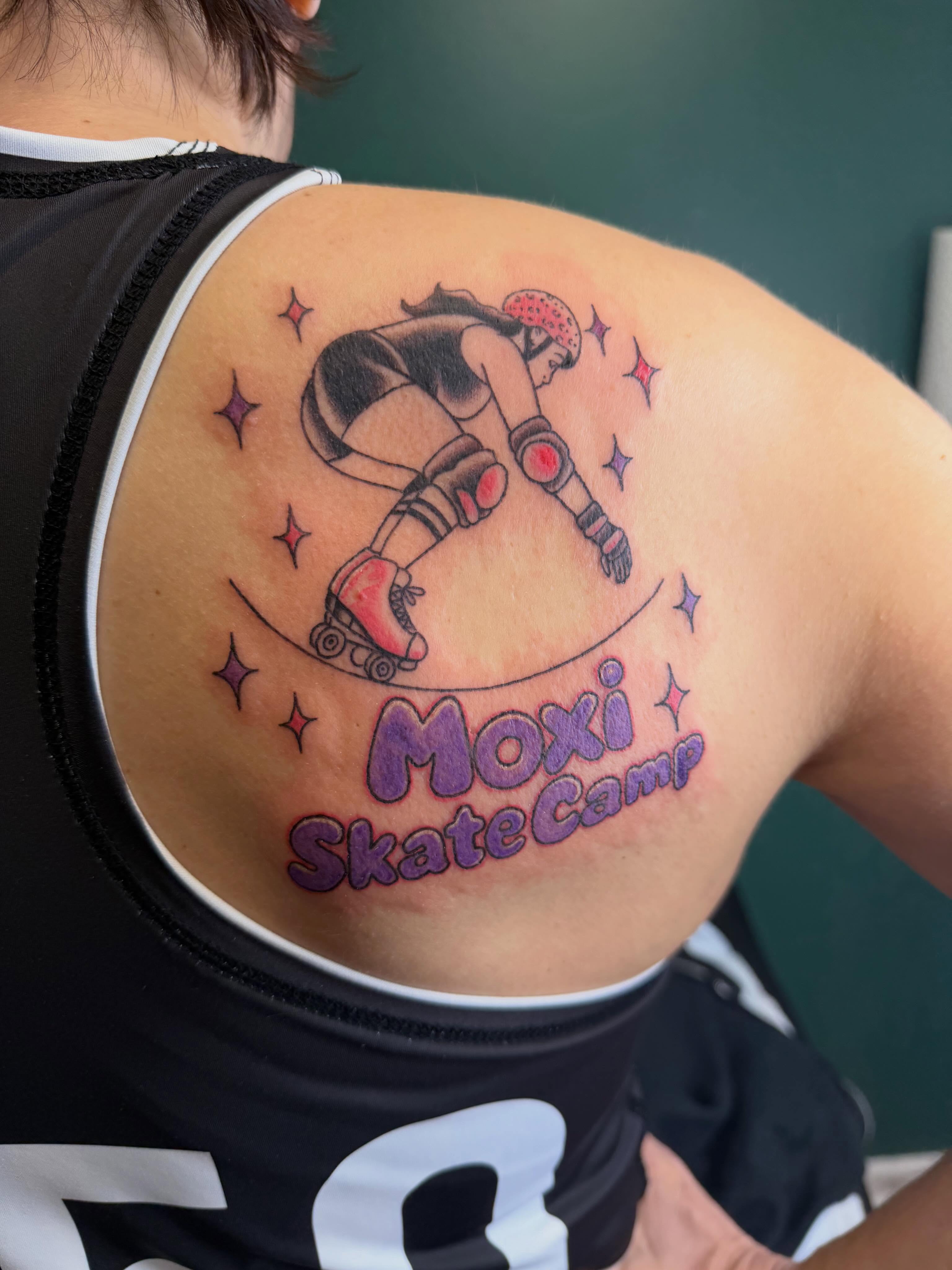 Roller skater illustrative tattoo on the shoulder by Rebecca (Becca) Ray