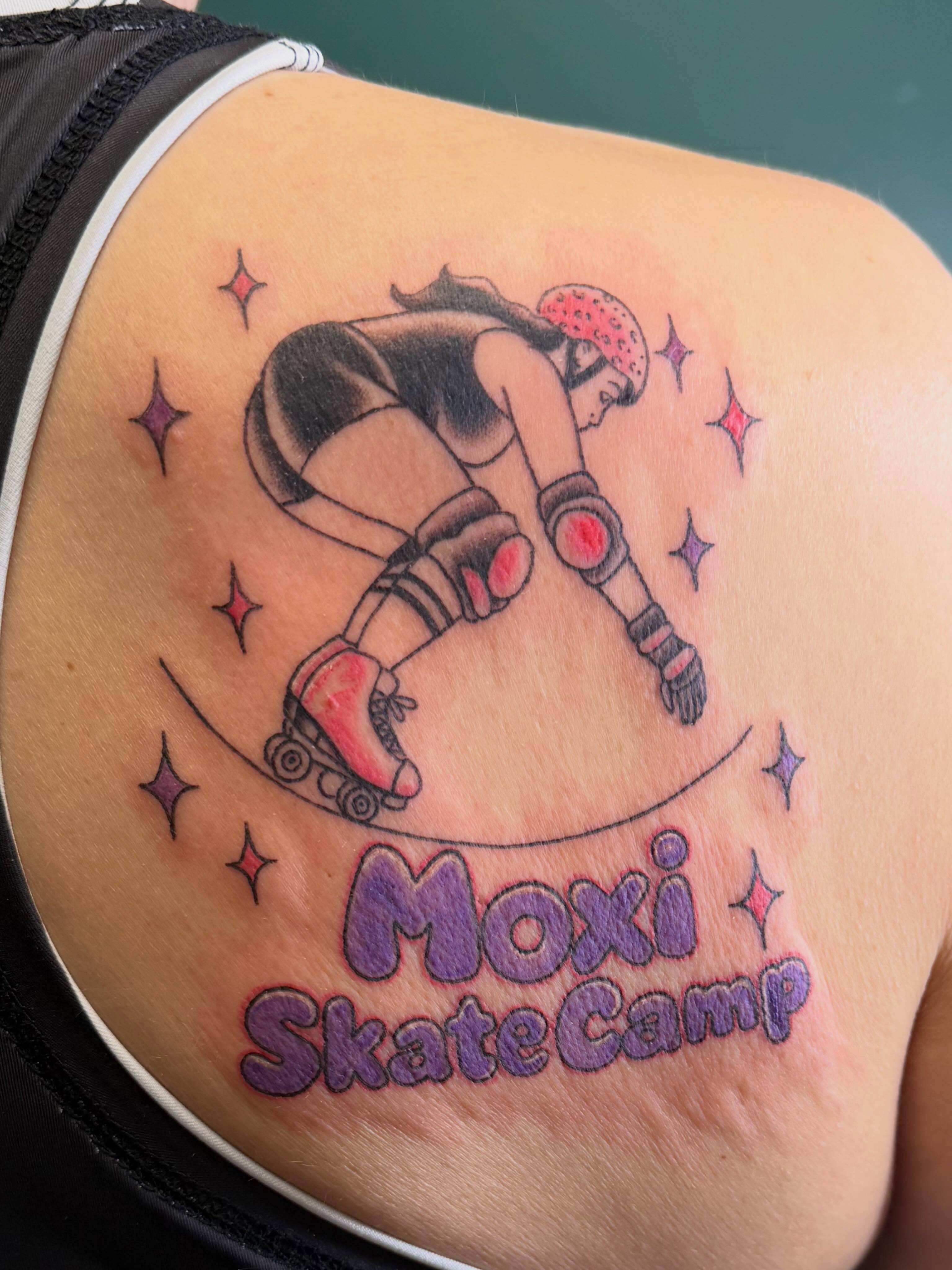 Roller skating girl new school tattoo on the thigh by Rebecca (Becca) Ray