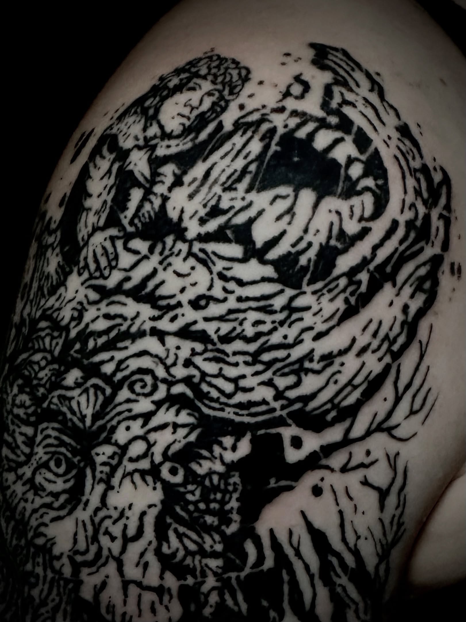 Mythical creature black and grey tattoo on the shoulder by Noah Durany