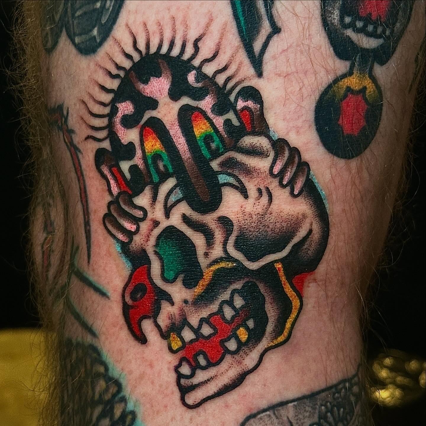 Skull American traditional tattoo on the forearm by Jared Allen, Saint Petersburg, Florida