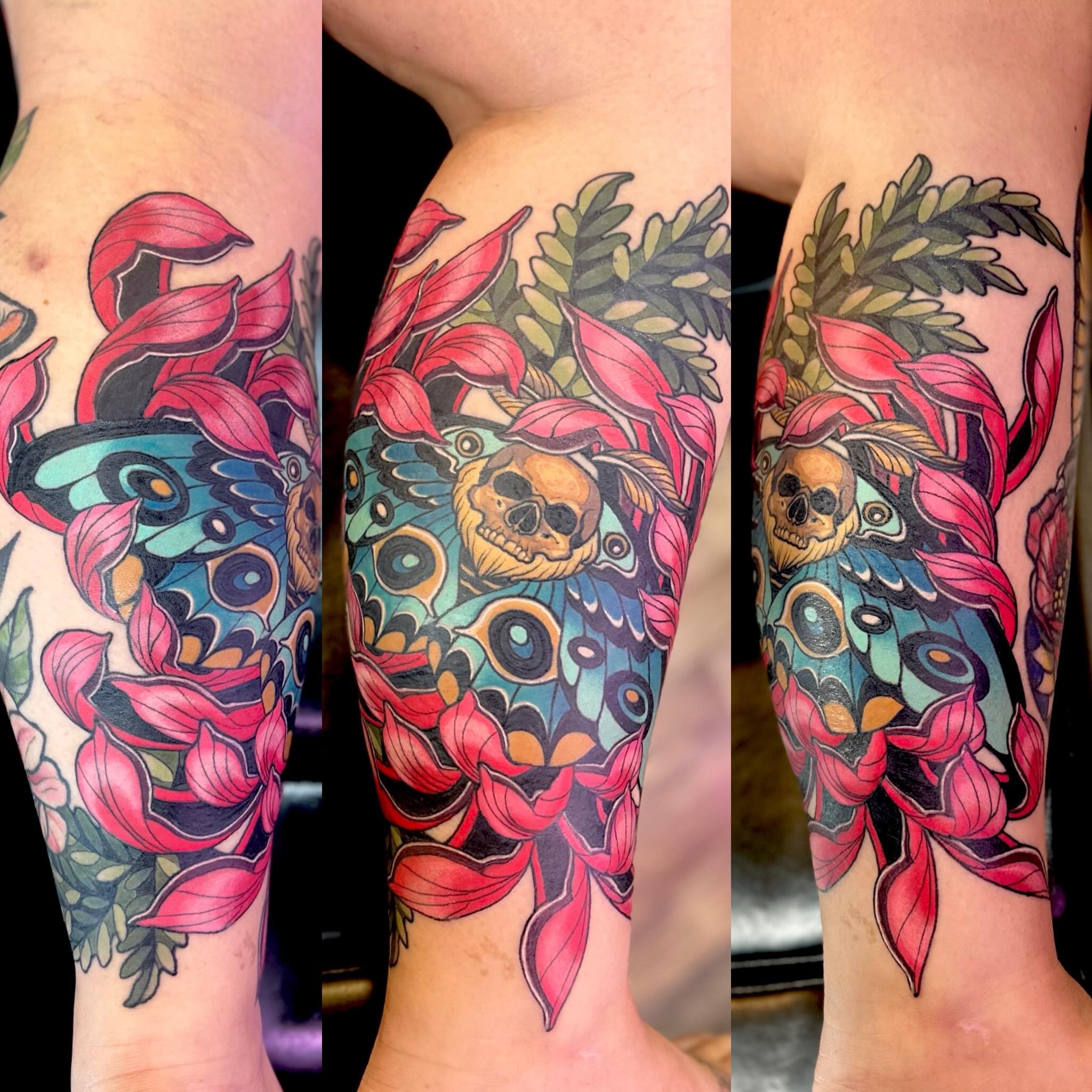 Skull and floral arrangement new school tattoo on the forearm by Leeuh Vandever