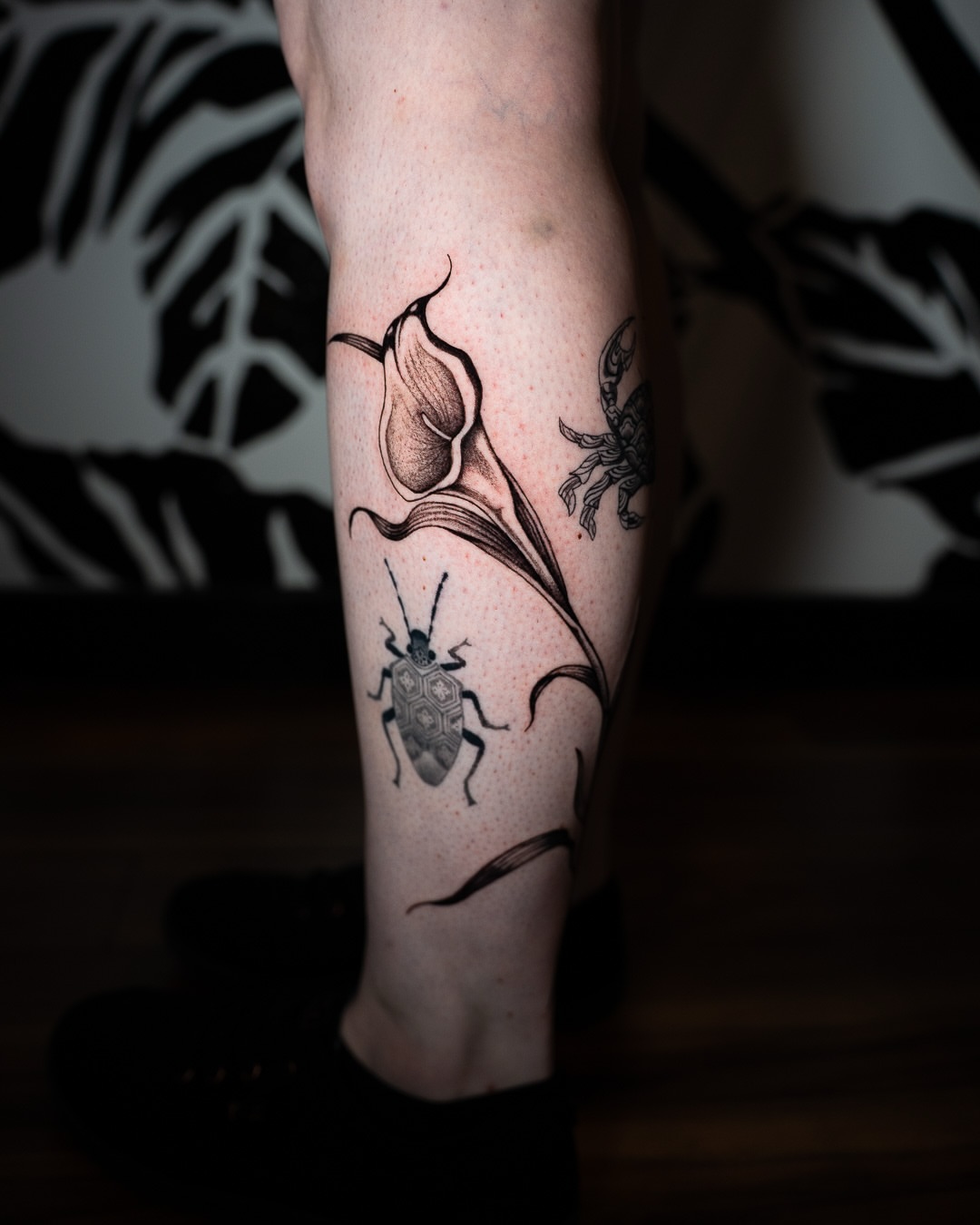 Calla lily and insects dotwork tattoo on the forearm by Tattoo Artist Bay Area - Lorenzo, Berkeley, California