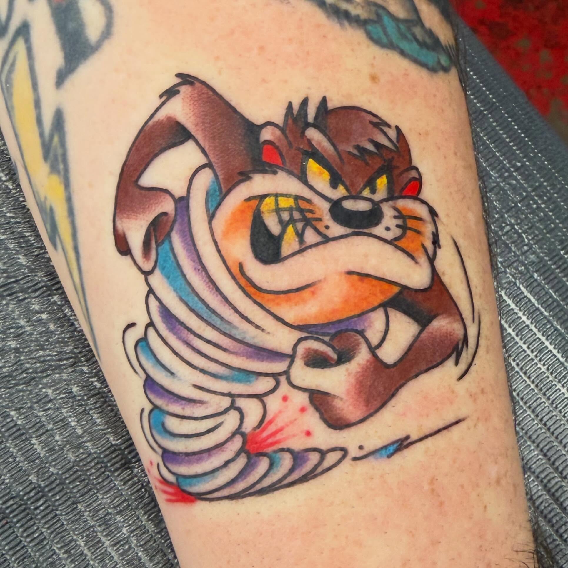 Tazmanian devil American traditional tattoo on the forearm by Max mogstad