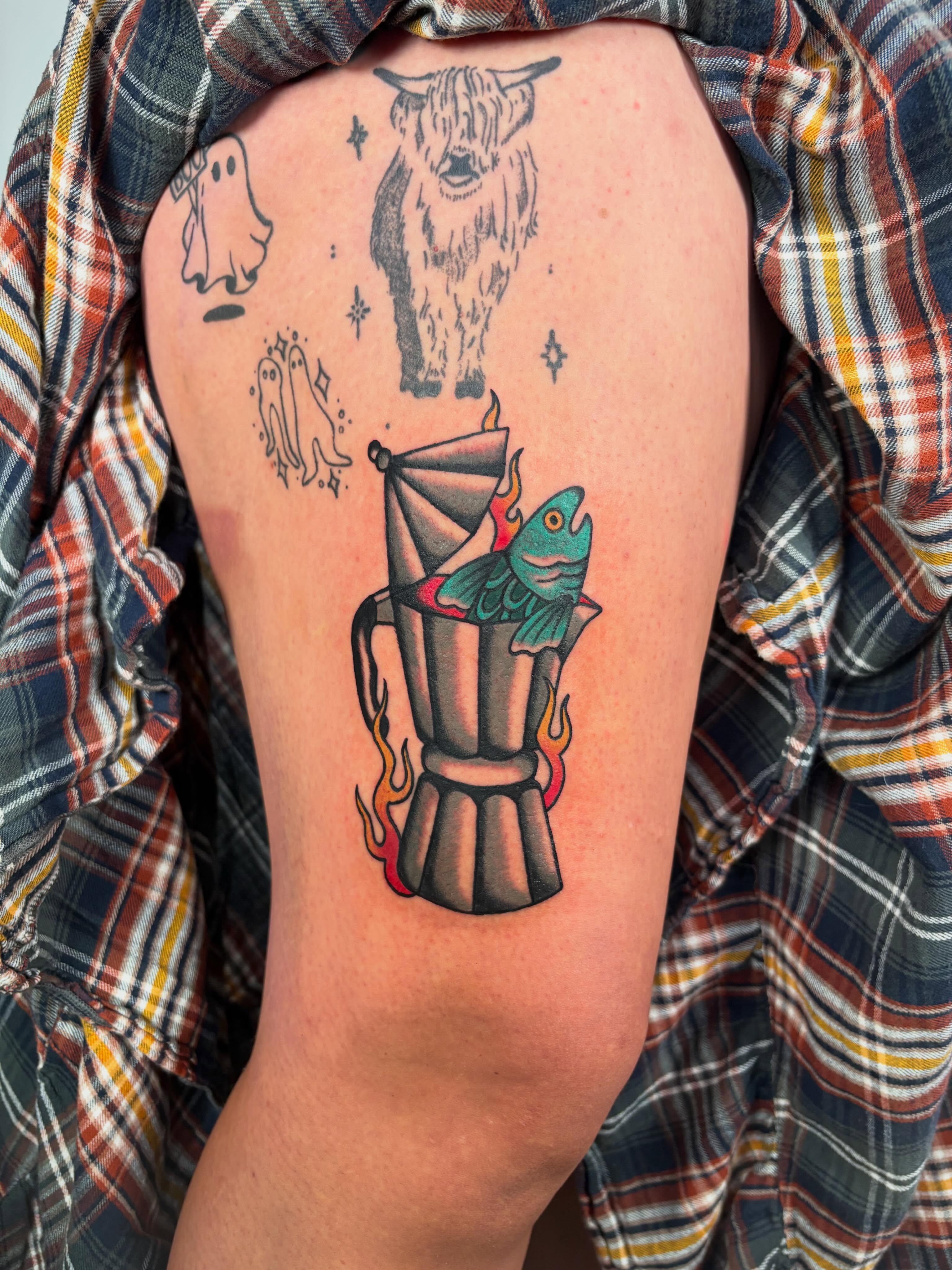 Blender with fish American traditional tattoo on the thigh by Lorelei