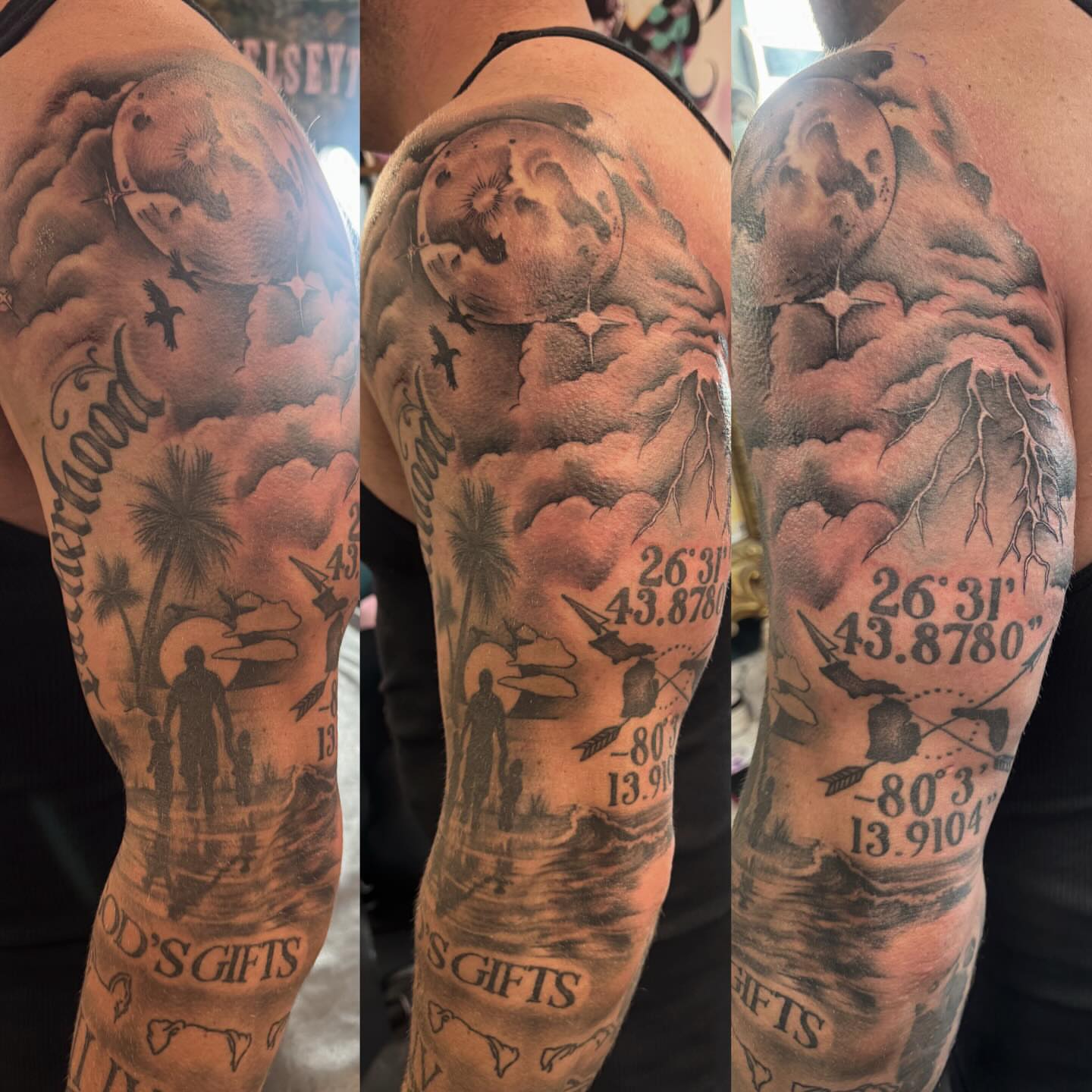 Landscape with celestial elements American traditional tattoo on the upper arm by Kelsey 🖤 Tattoo Artist, Waterford Township