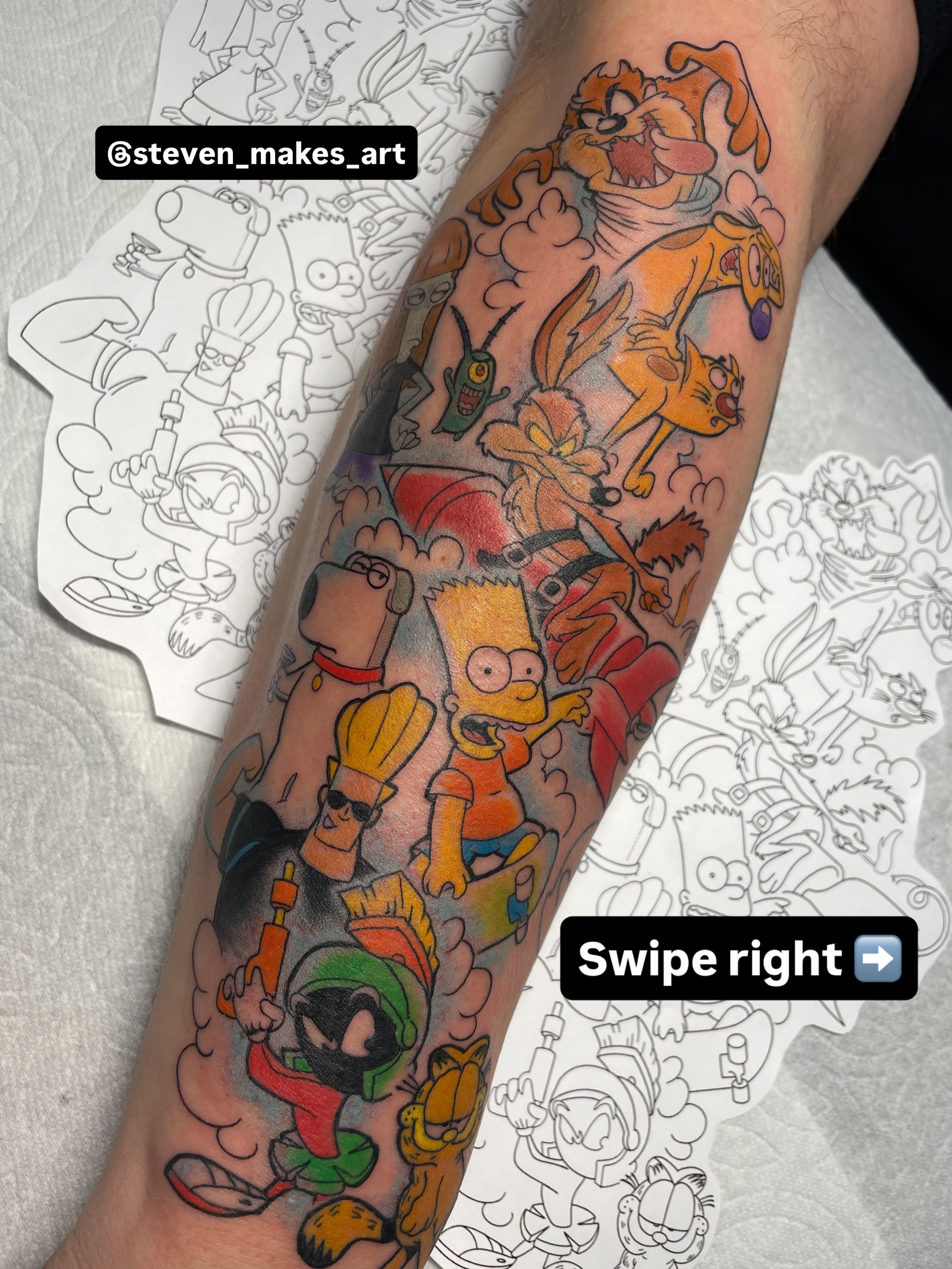 Cartoon characters new school tattoo on the forearm by Steven Hodges