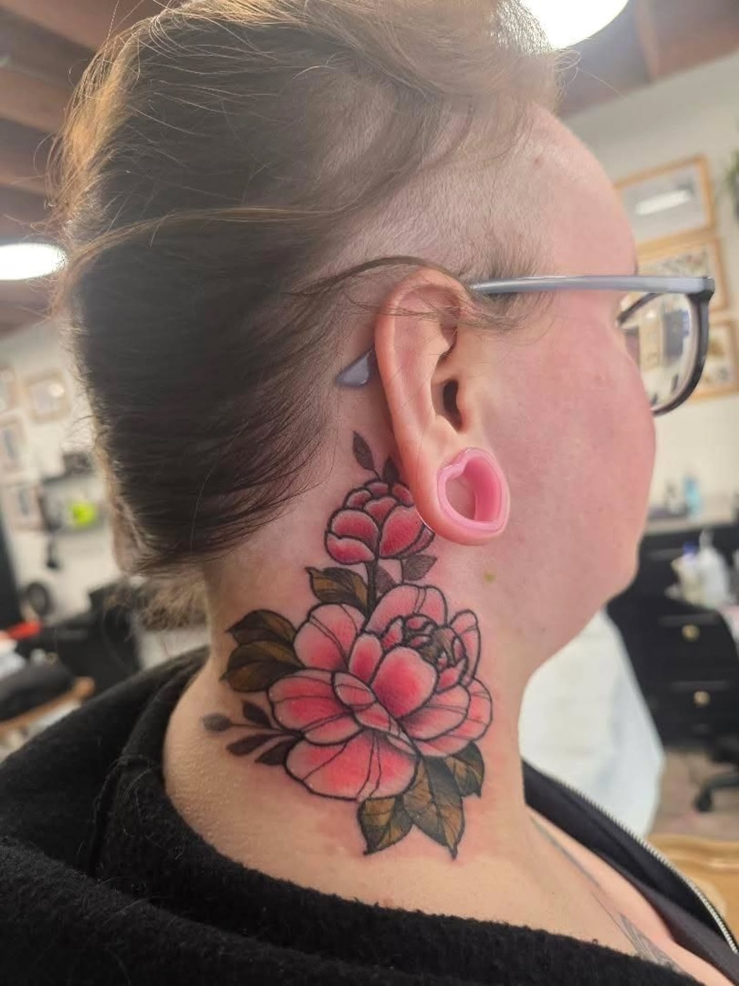 Roses American traditional tattoo on the neck by mikayla