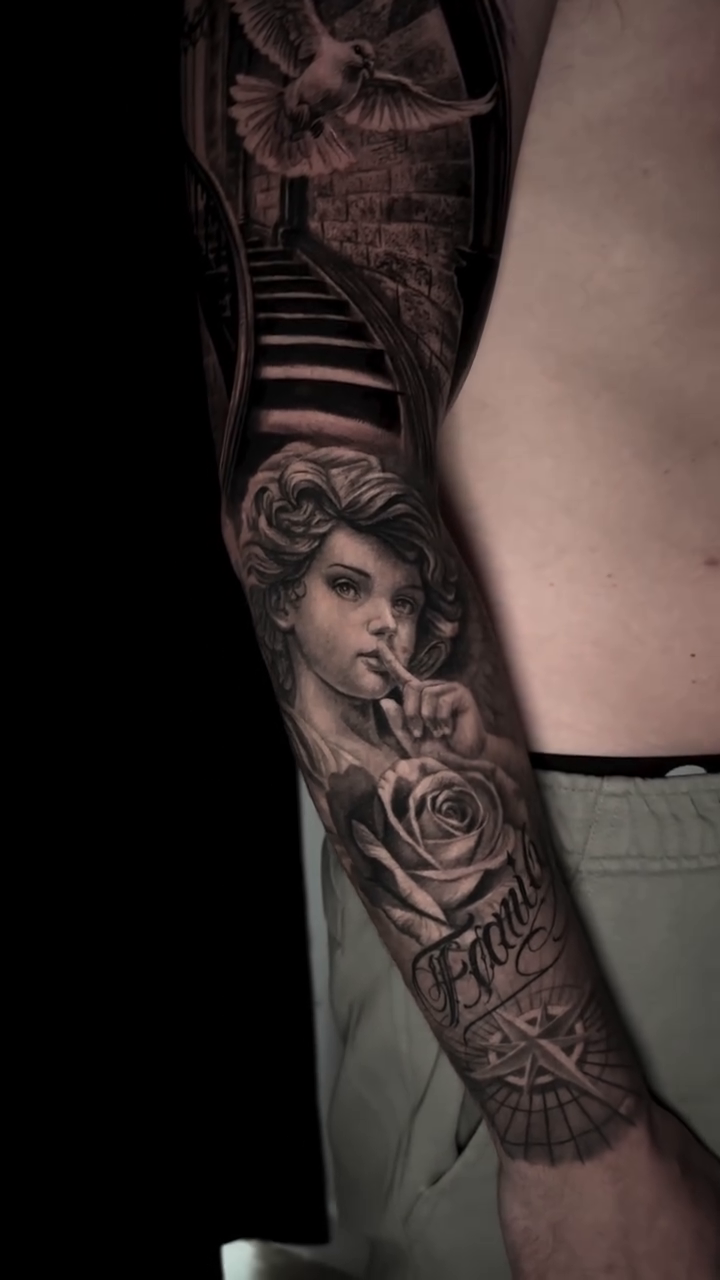 Woman, dove, stairs, roses realism tattoo by Cipri Suciu