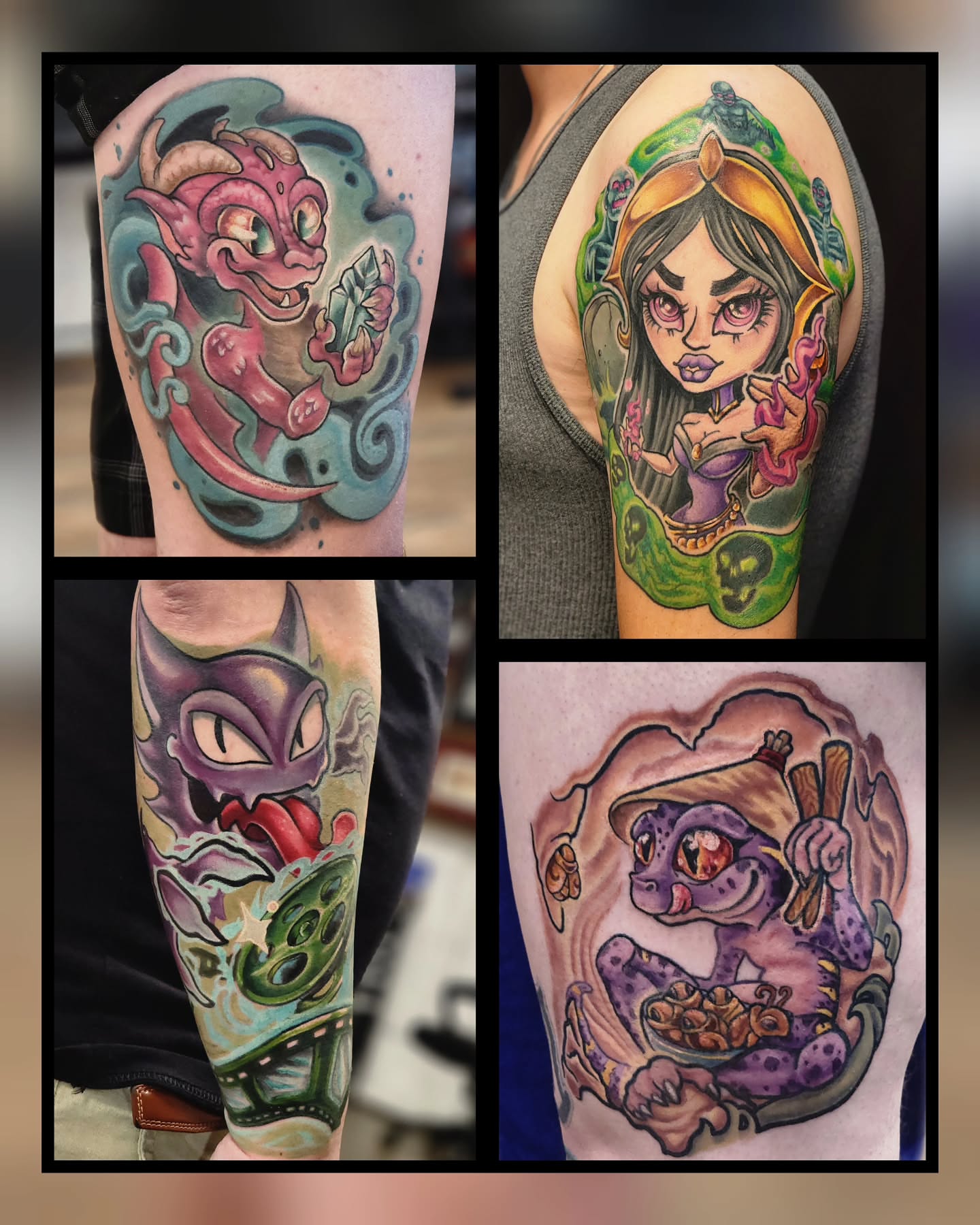 Monster new school tattoo on the upper arm by Trista Bettfreund (Birdy)