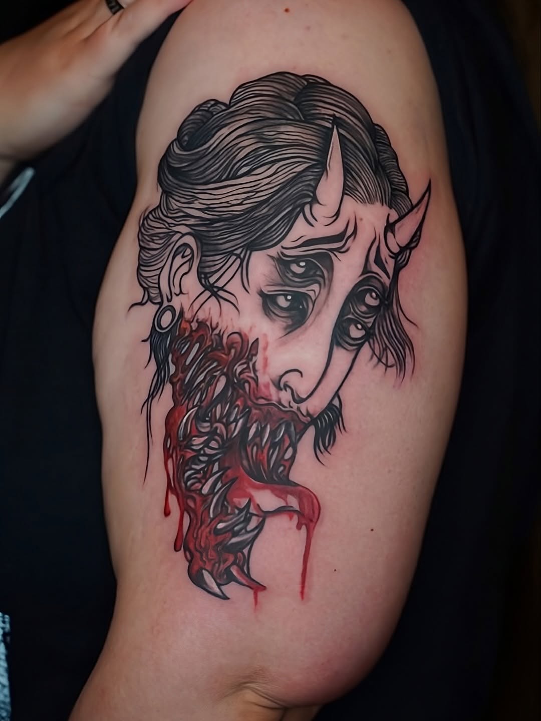 Demonic face with open mouth realism tattoo on the shoulder by ★𝐑𝐮𝐞★