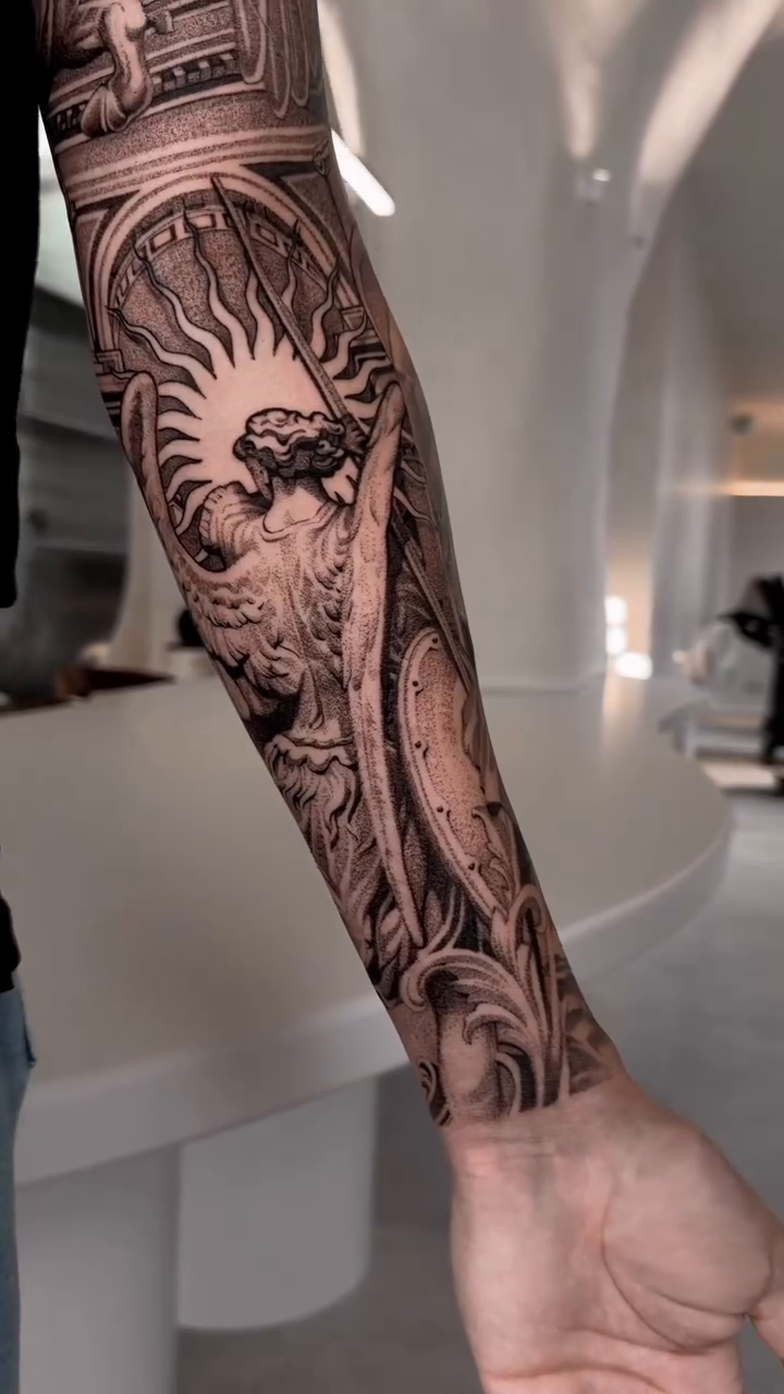 Mythological figures and architectural elements realism tattoo by Viktor Govorukhin