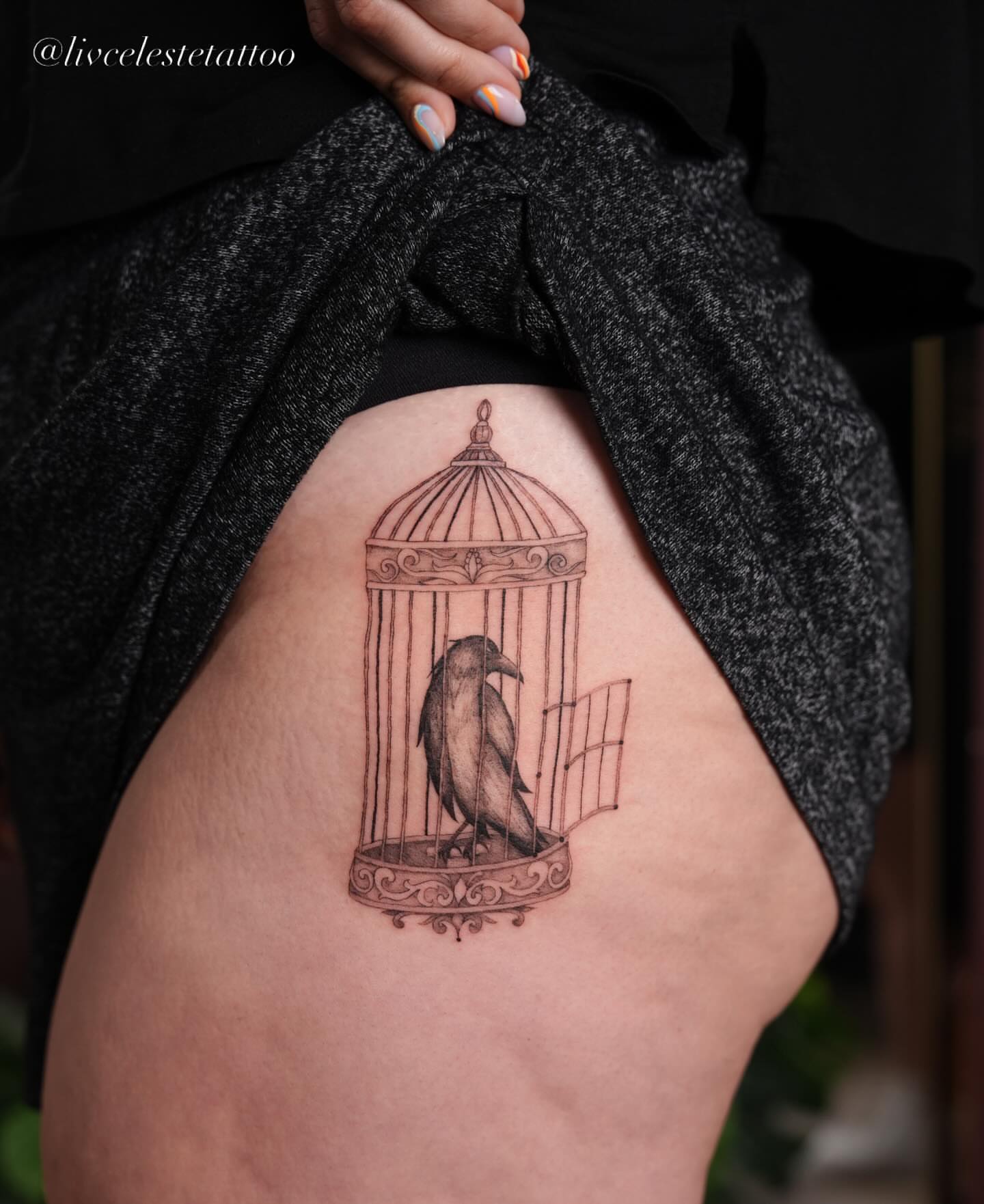 Bird in cage black and grey tattoo on the thigh by ༻❁༺ ⟡ 𝑳𝒊𝒗 𝑪𝒆𝒍𝒆𝒔𝒕𝒆 ⟡ ༻❁༺