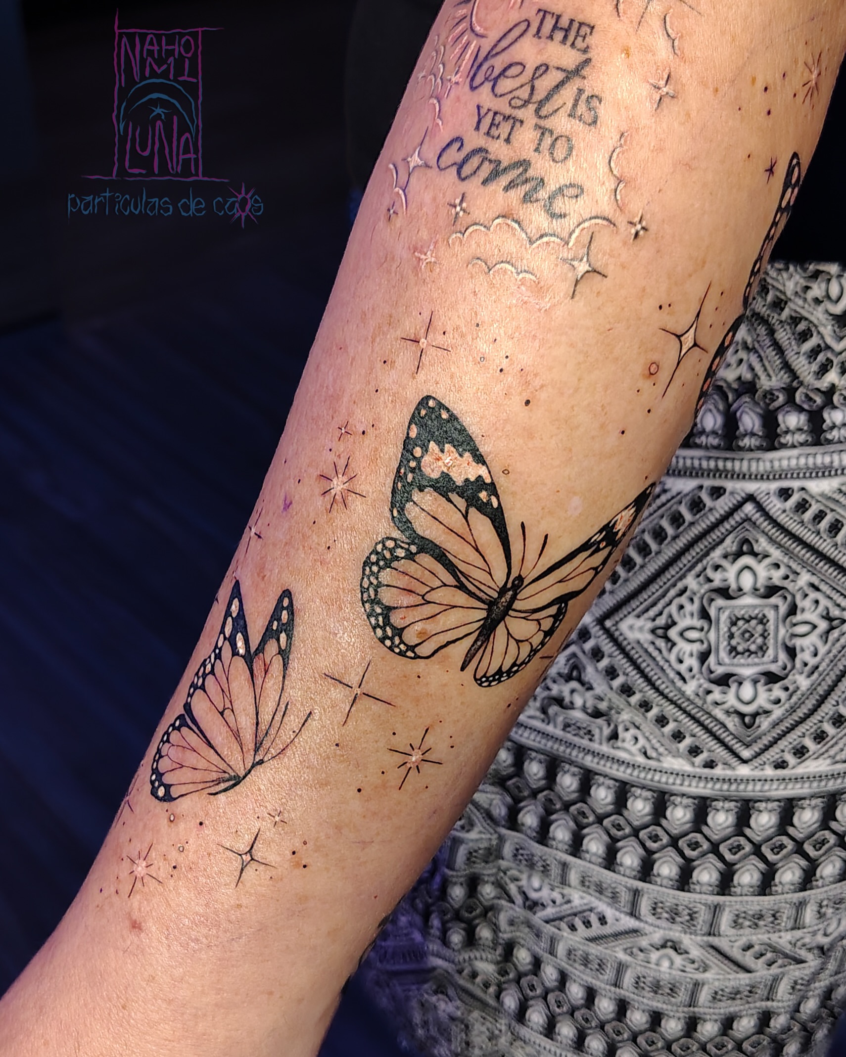 Butterflies dotwork tattoo on the forearm by Nahomi Luna - Memphis & Cordova Tattoo, Memphis, Tennessee