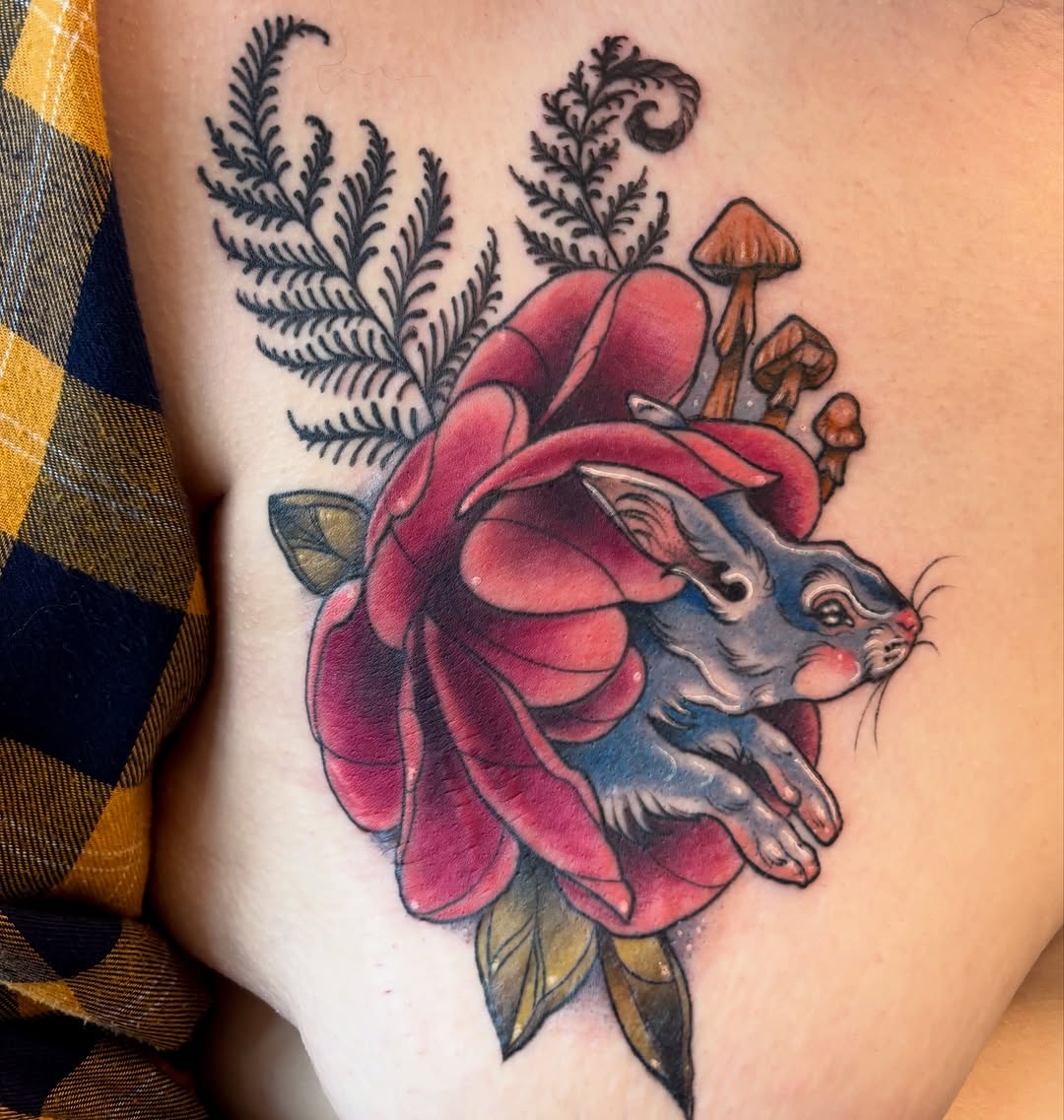 Fine line tattoo on the thigh by Cricket Elijah Cervidae