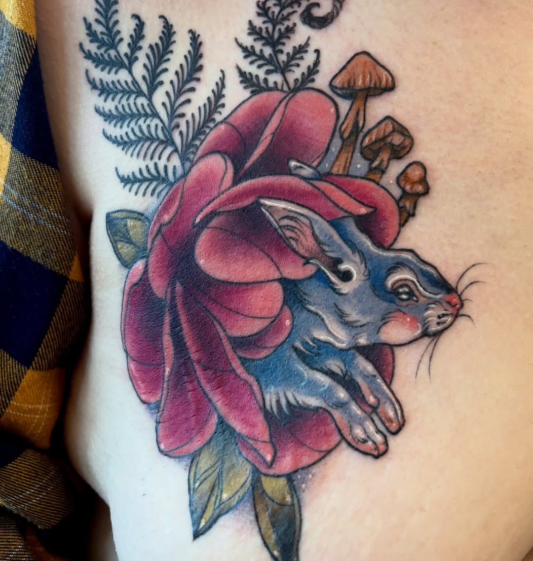 Neo-traditional tattoo on the thigh by Cricket Elijah Cervidae