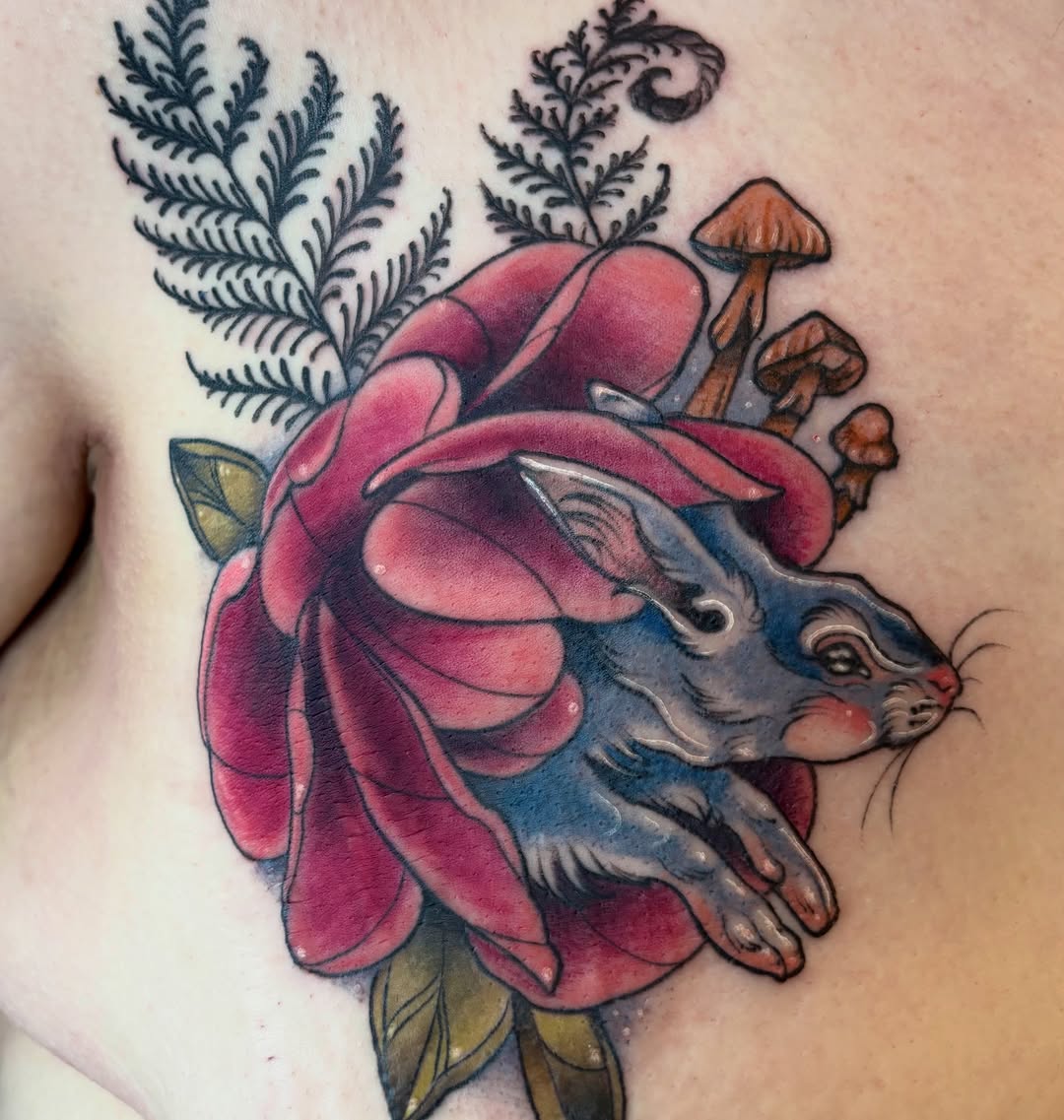 Neo-traditional tattoo on the chest by Cricket Elijah Cervidae