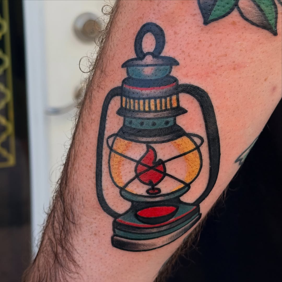 Lantern American traditional tattoo on the forearm by Kimberly Parton- Chapel Hill Tattooer, Chapel Hill, North Carolina