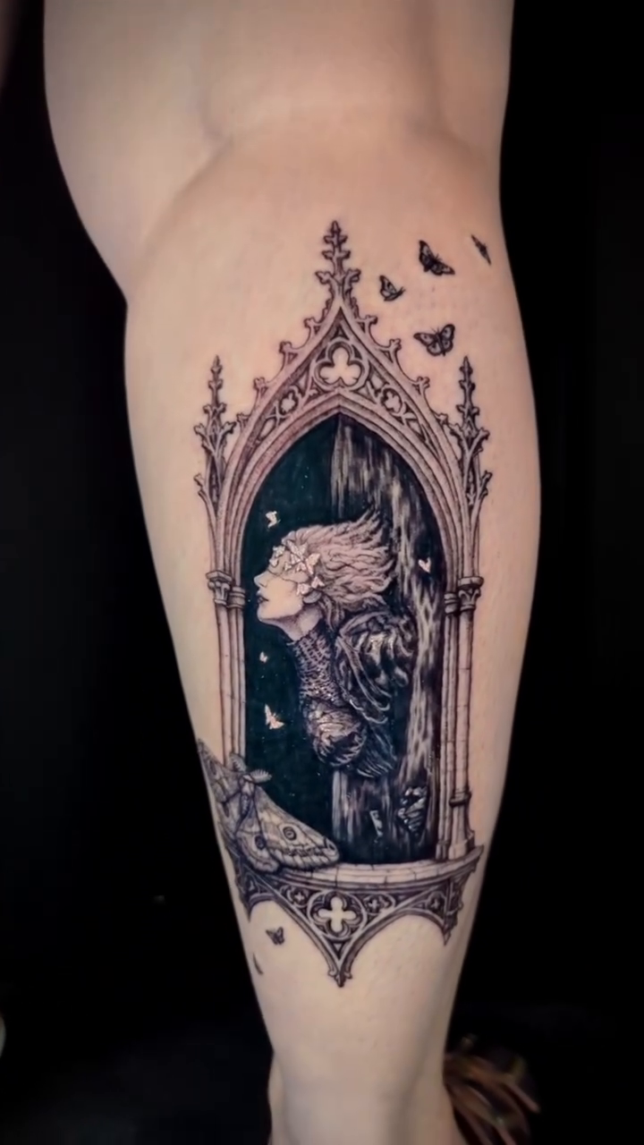Gothic window with a figure dark realism tattoo by Jessica Sheahan