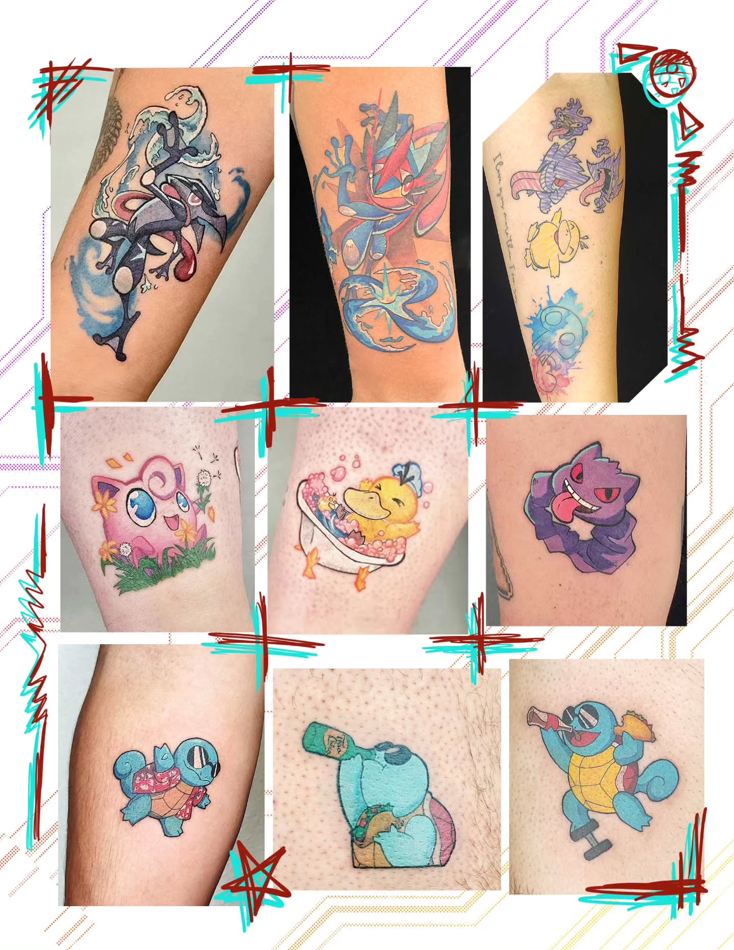 Pokémon characters watercolor tattoo on the forearm by Tucker
