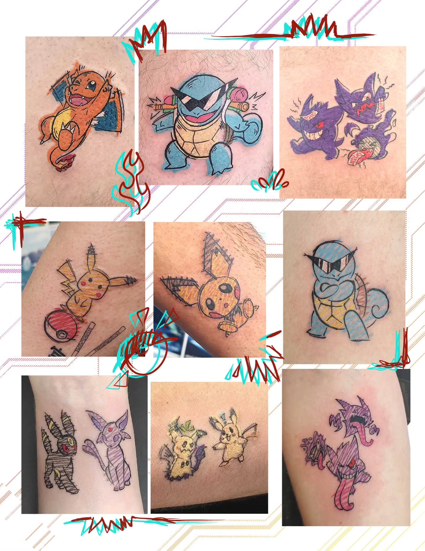 Pokemon characters dotwork tattoo on the forearm by Tucker