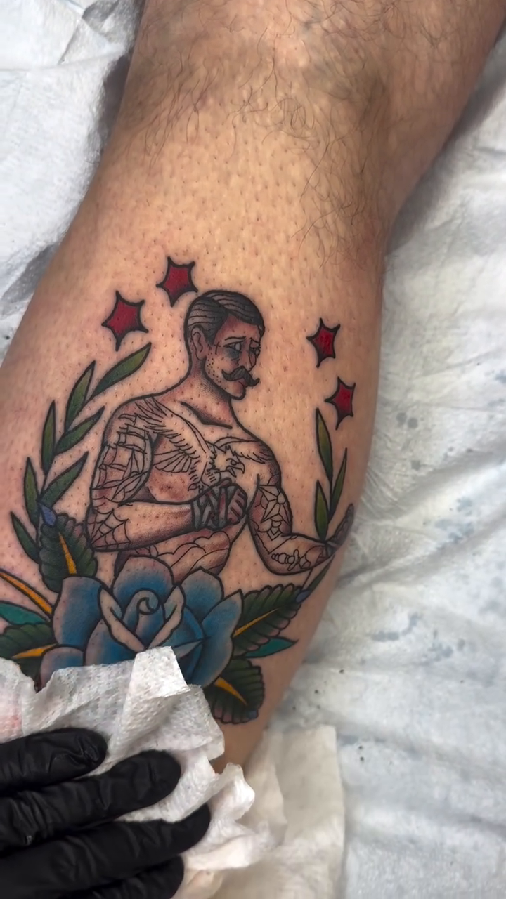Boxer with rose and stars neo-traditional tattoo on the forearm by Michael Roehrich (MEECH!)