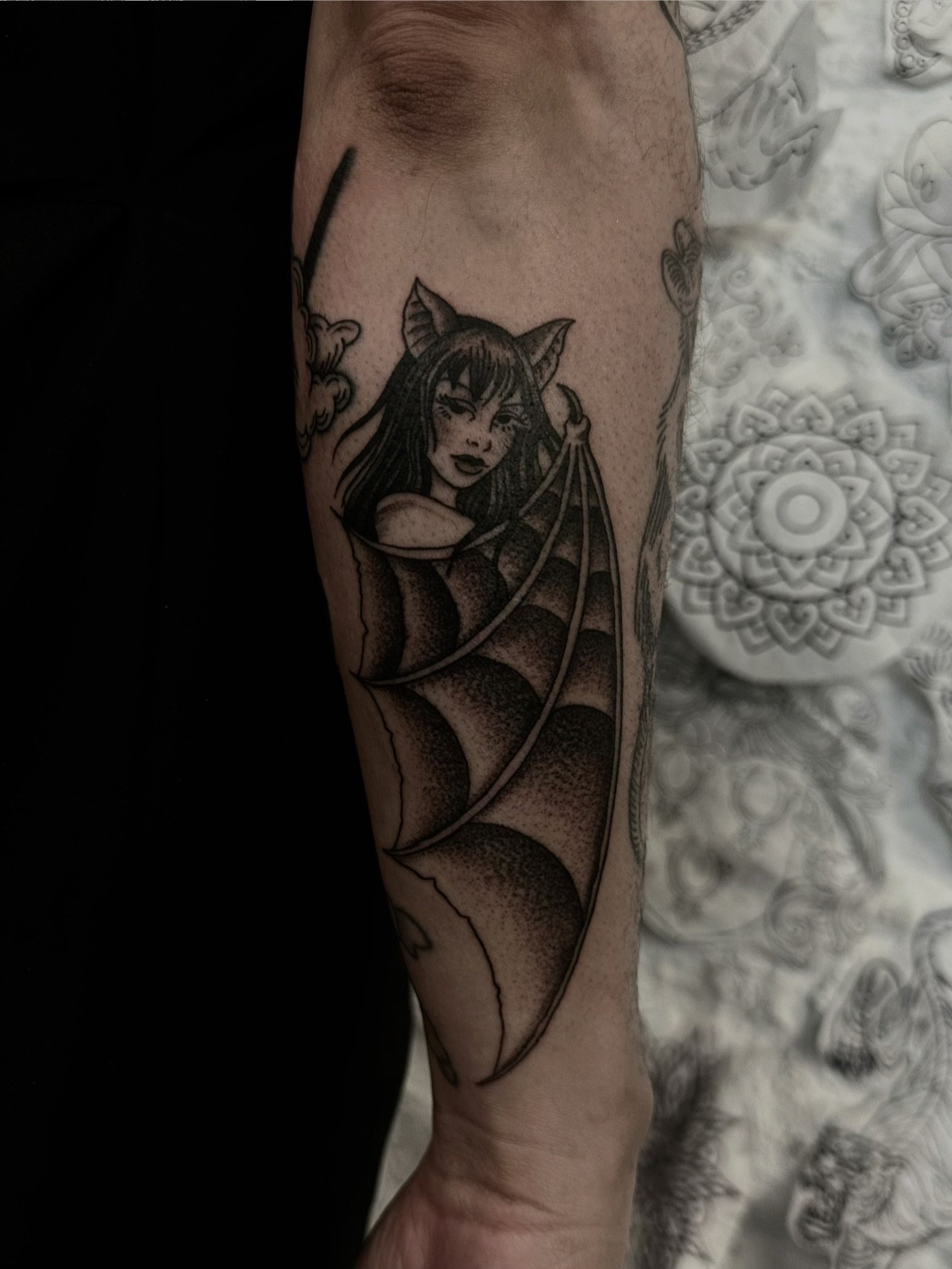 Bat girl dotwork tattoo on the forearm by ππ¦π βπ¬π²π«π±π°