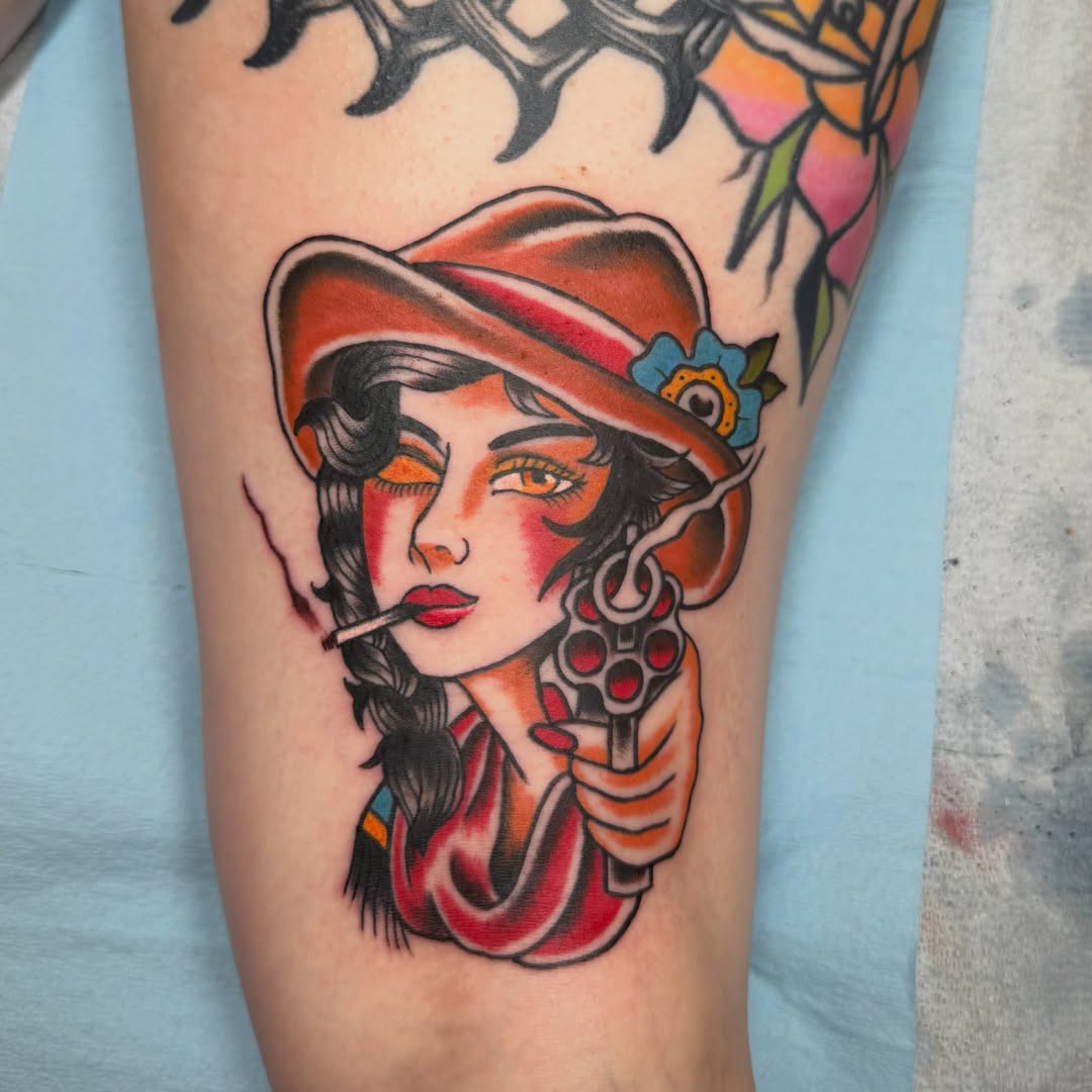 Flapper girl American traditional tattoo on the forearm by Trevor Berry