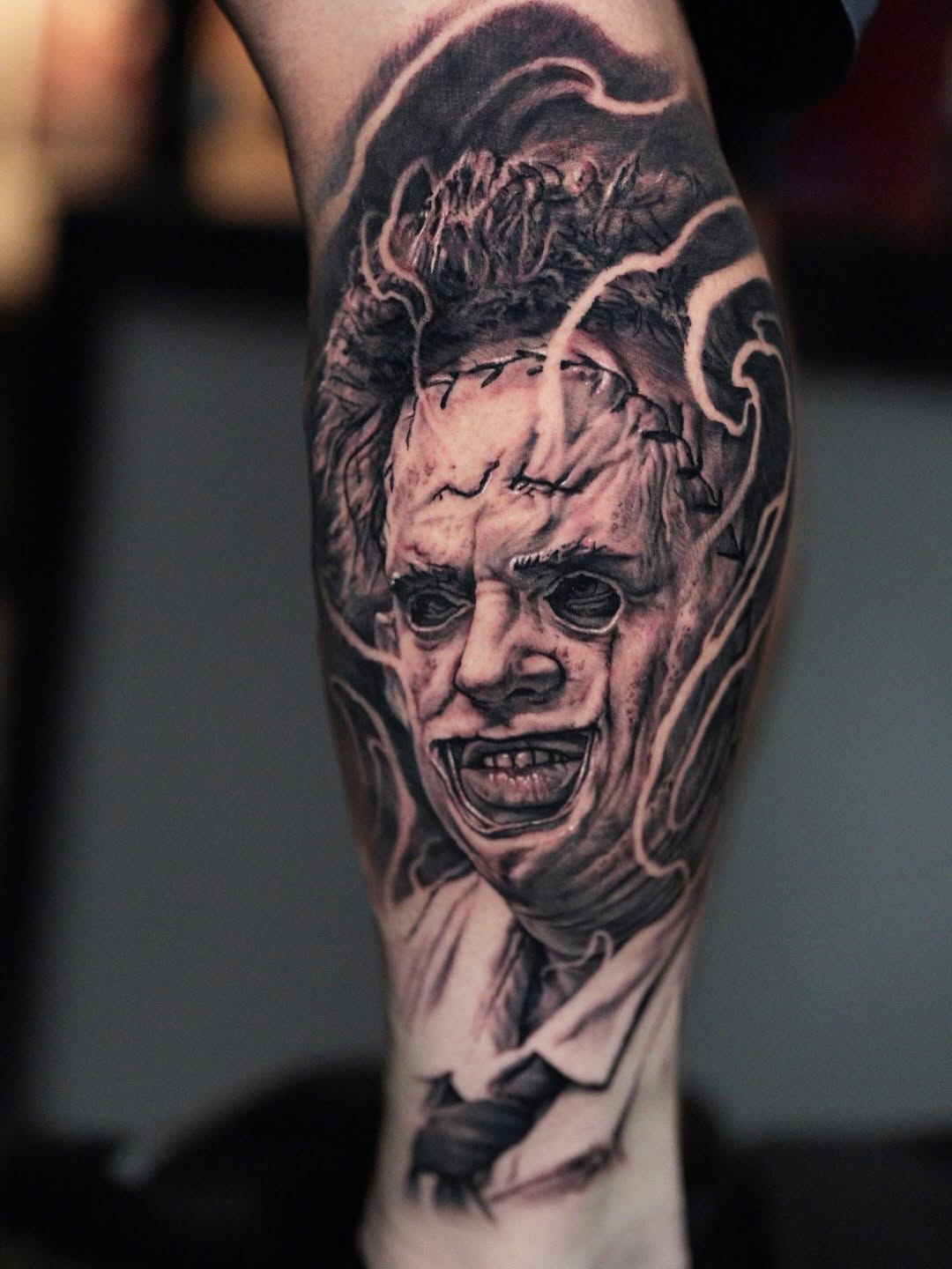 Leatherface from Texas Chainsaw Massacre realism tattoo on the forearm by Nico Perez