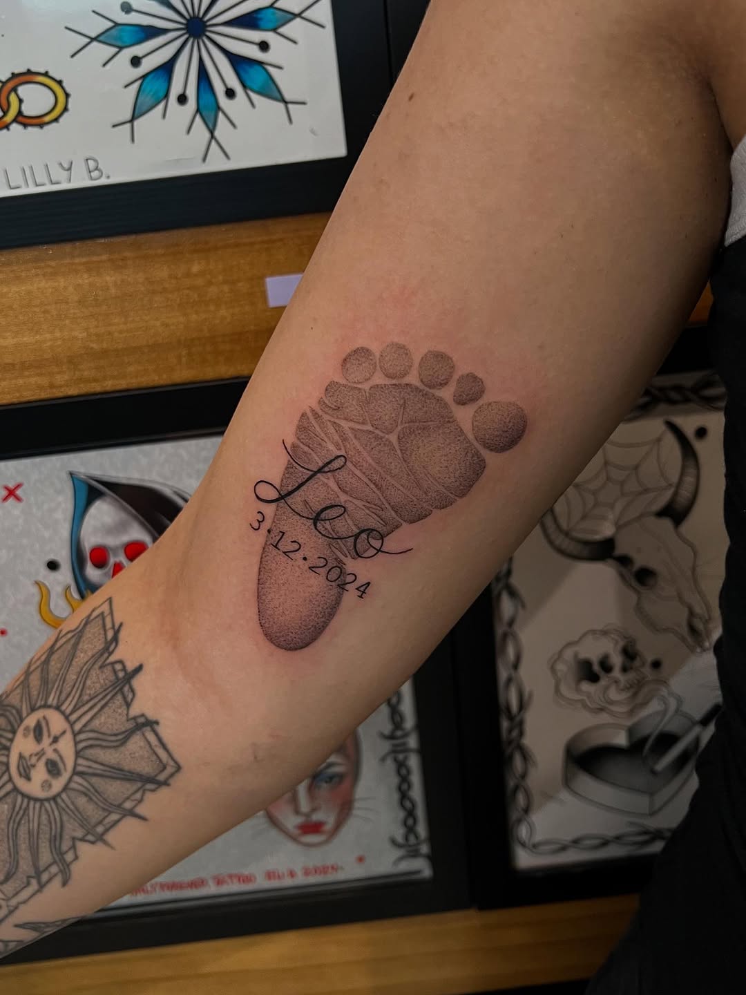 Baby footprint with name and date realism tattoo on the forearm by 𝖆𝖑𝖞𝖘𝖘𝖆 ☽