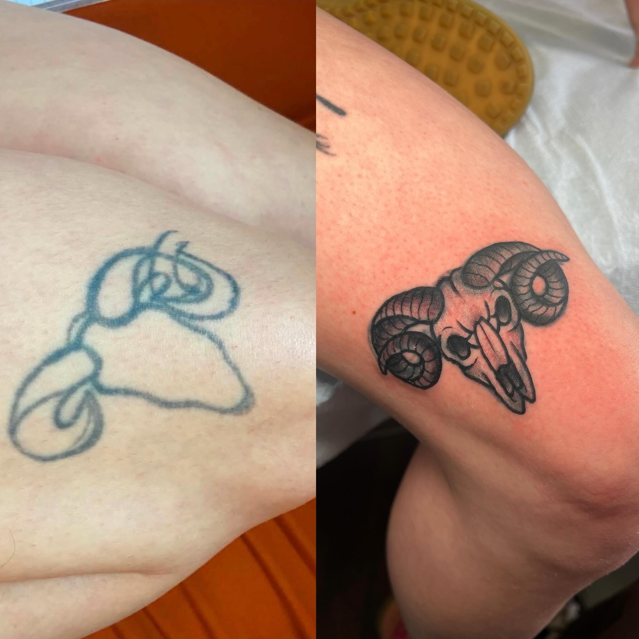 Ram skull black and grey tattoo on the forearm by Mat Helton, Fairborn, Ohio