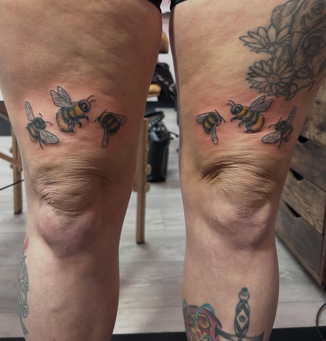 Bees fine line tattoo on the leg by Red✨, Gansevoort, New York