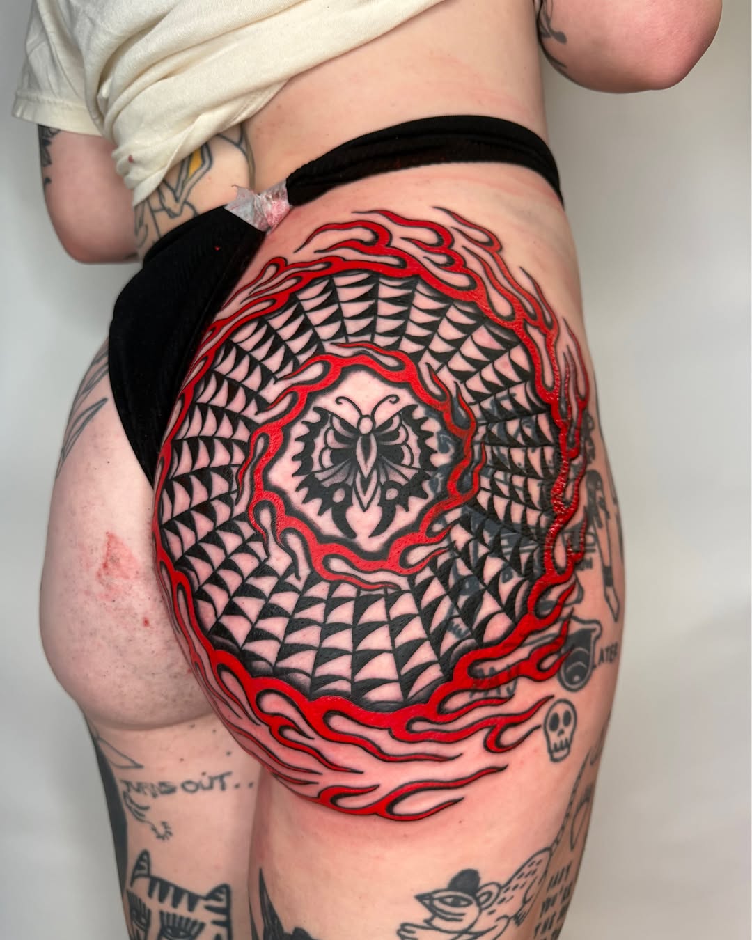 Geometric mandala geometric tattoo on the thigh by Jacqui Rose
