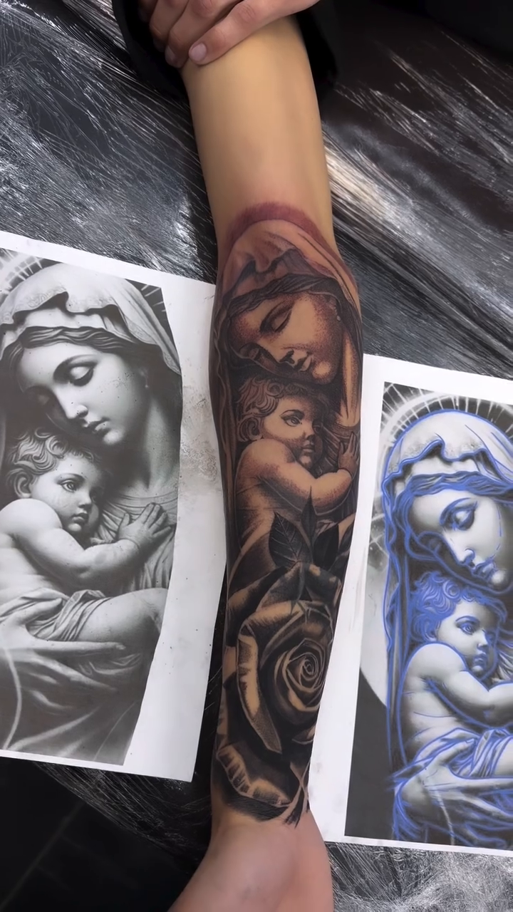 Virgin Mary and child with roses realism tattoo by Mark Phillip Chavez