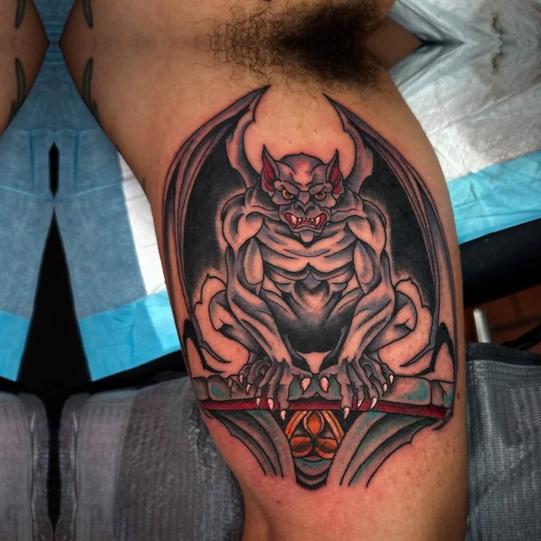 Gargoyle dark art tattoo on the thigh by Murl Dietrich