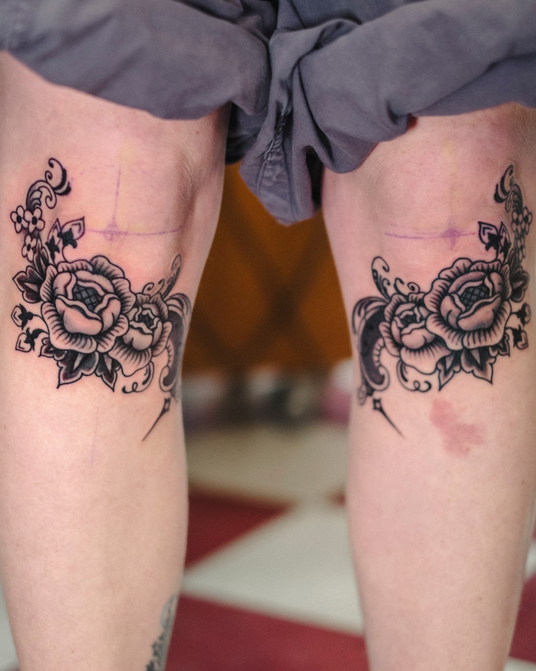 Floral bouquet black and grey tattoo on the thigh by Dan Gilsdorf, Portland, Oregon