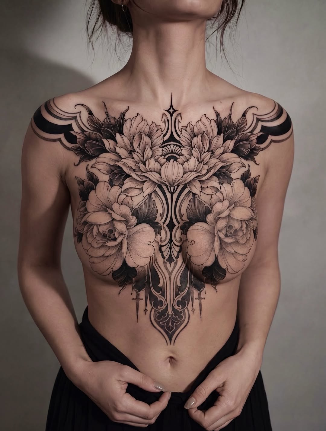 Peonies and ornamental design geometric tattoo on the chest by Tattoo Artist Miami & la, Hollywood, Florida