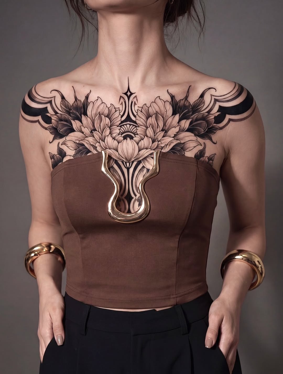 Floral chest piece with abstract elements tribal tattoo on the chest by Tattoo Artist Miami & la, Hollywood, Florida