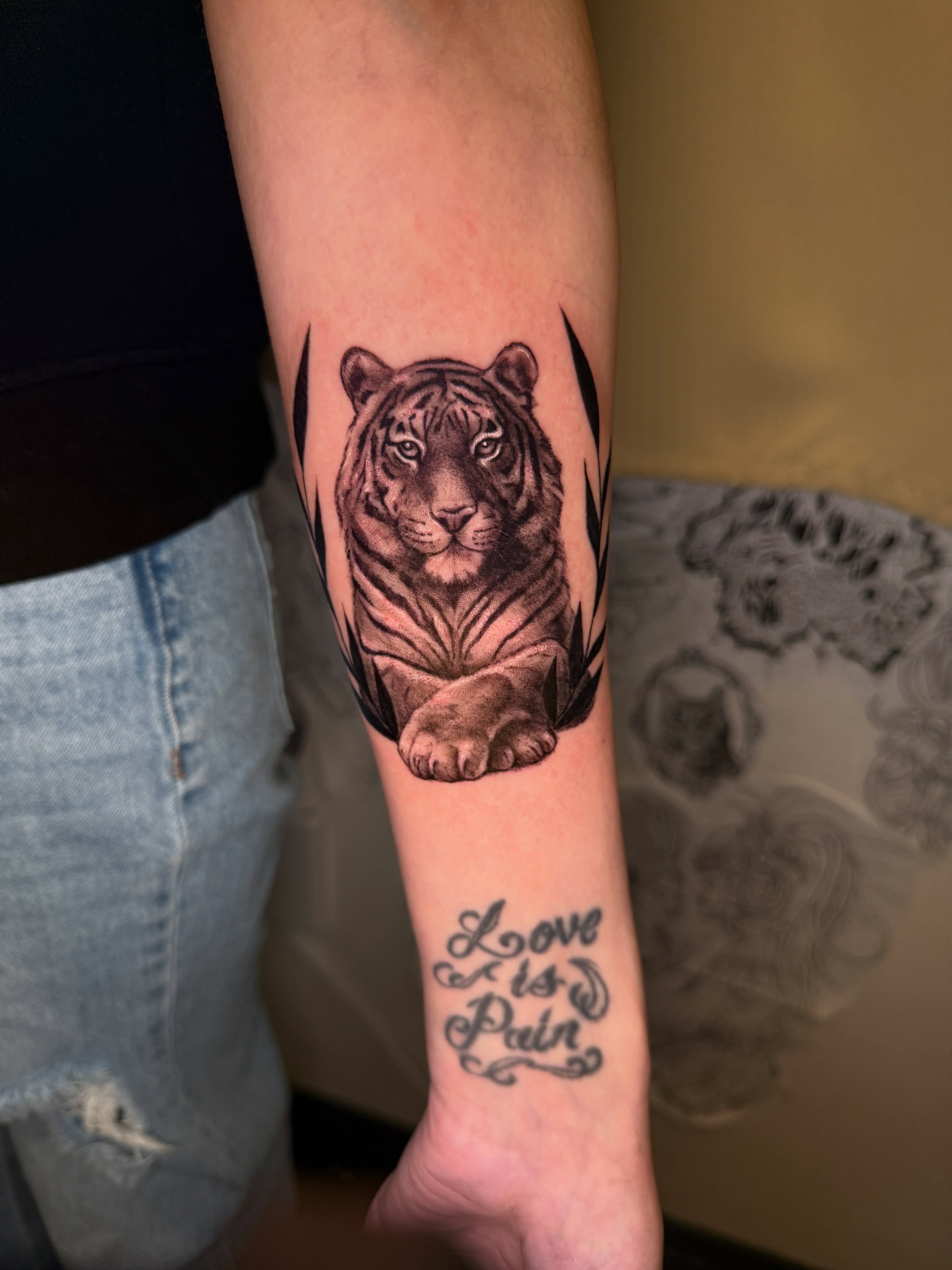 Tiger realism tattoo on the forearm by ❈°binx°❈