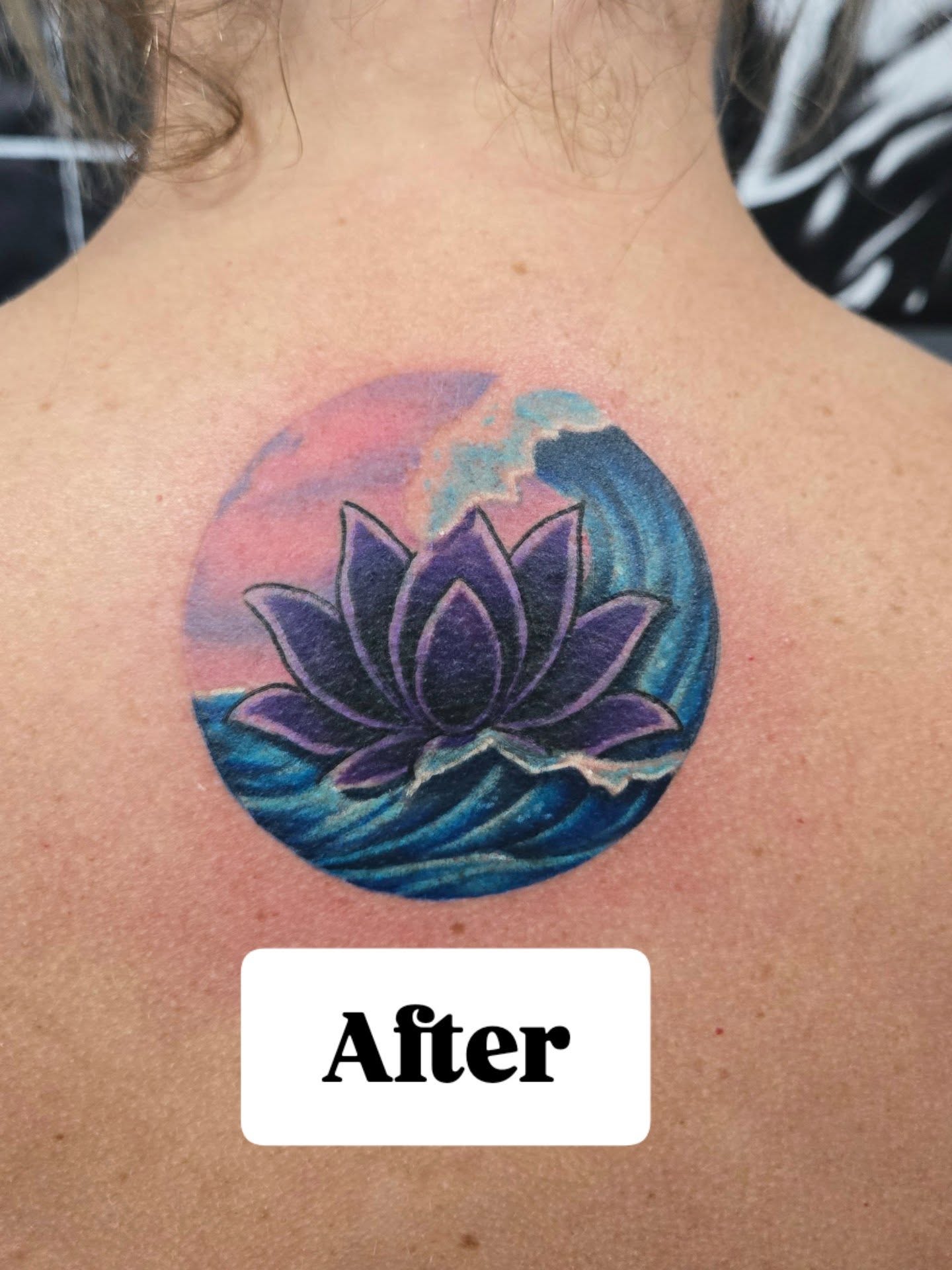 Lotus flower watercolor tattoo on the back by Cee Vann, Greensboro, North Carolina