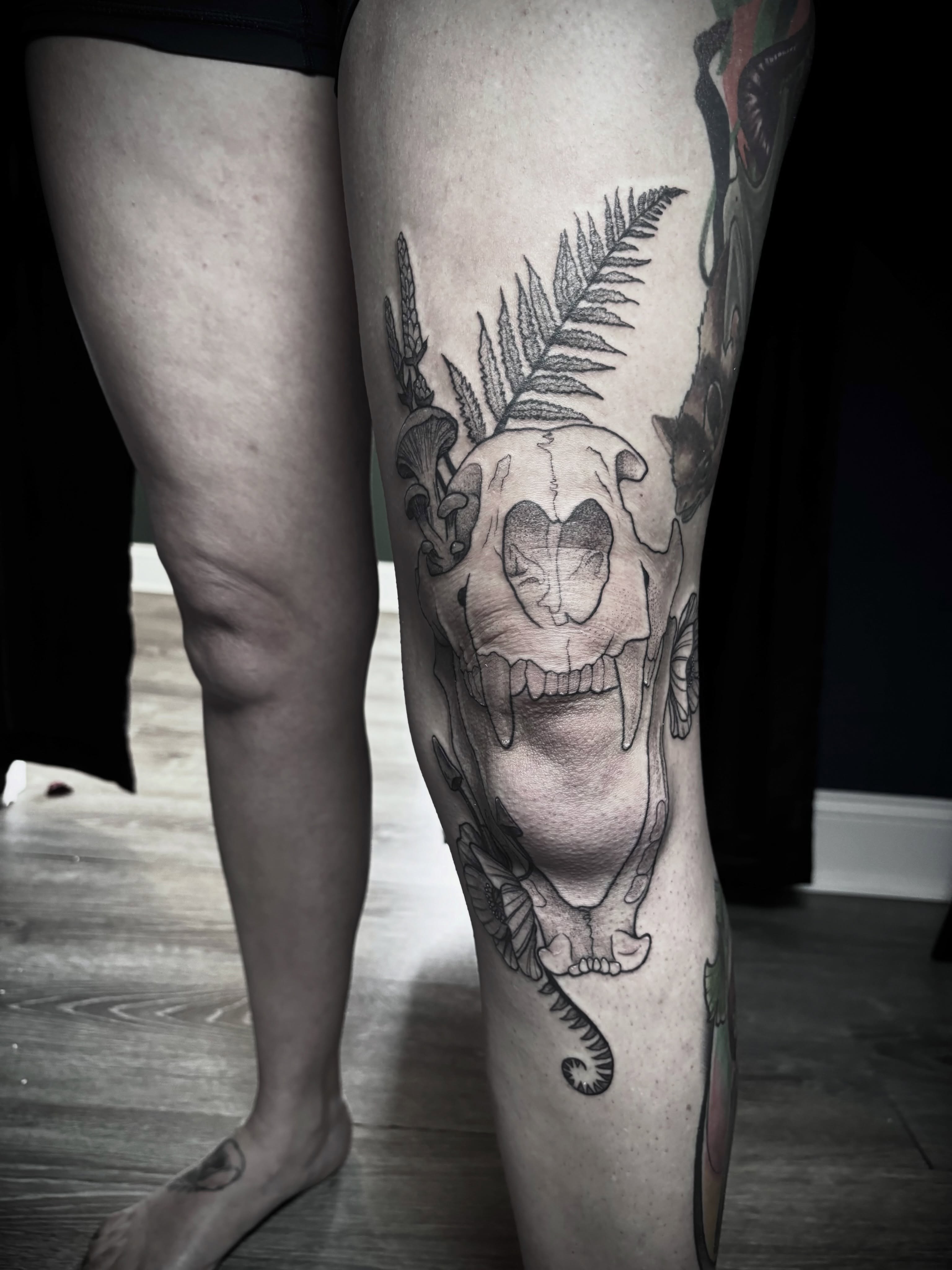 Skull and fern black and grey tattoo on the calf by 𝒜𝓇𝓉 𝒷𝓎 𝒱𝑒 𝒩𝑜𝒸𝓉𝑒𝓂