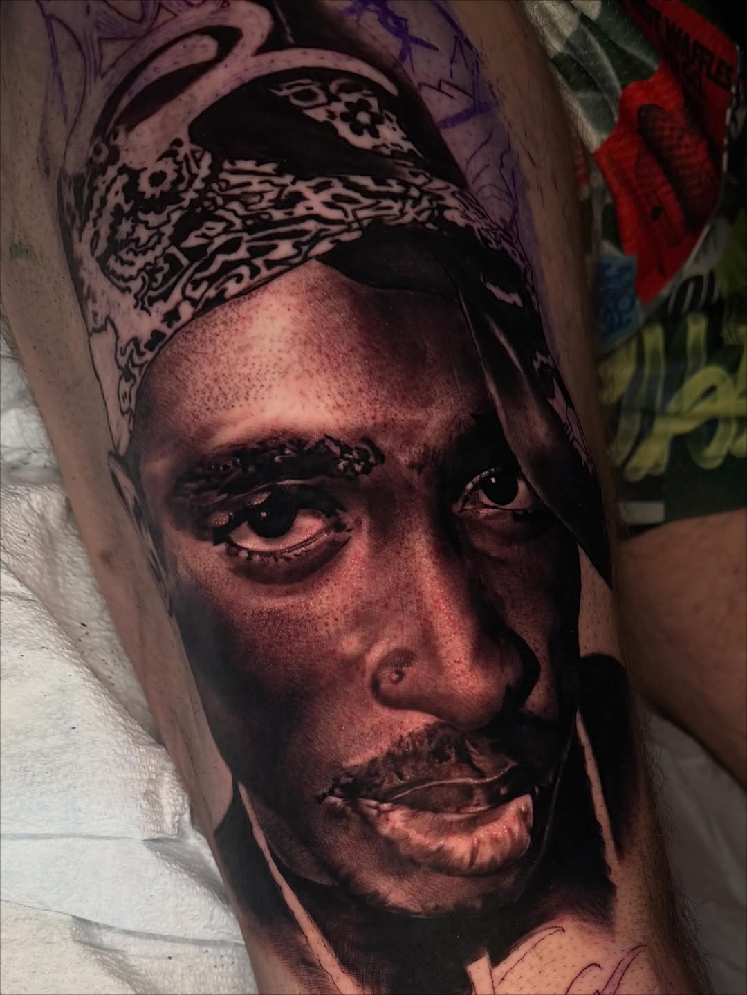 Tupac Shakur portrait realism tattoo on the forearm by T, Saugus, Massachusetts