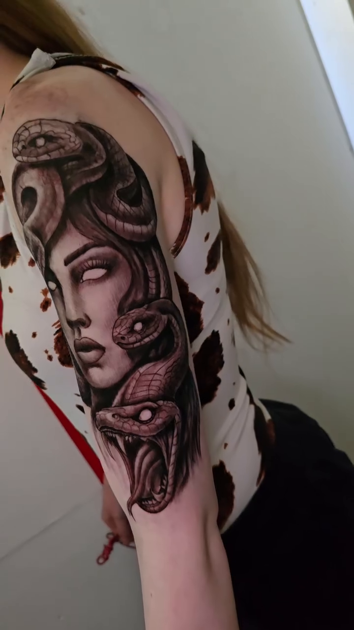 Medusa with snakes realism tattoo by Jesse James, Las Vegas, Nevada