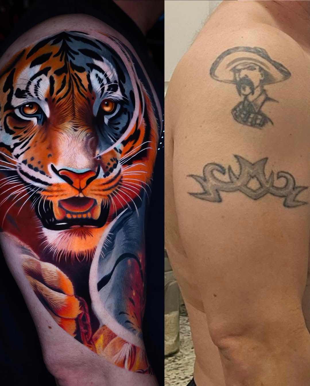 Tiger face realism tattoo on the upper arm by Sadier Alfonso