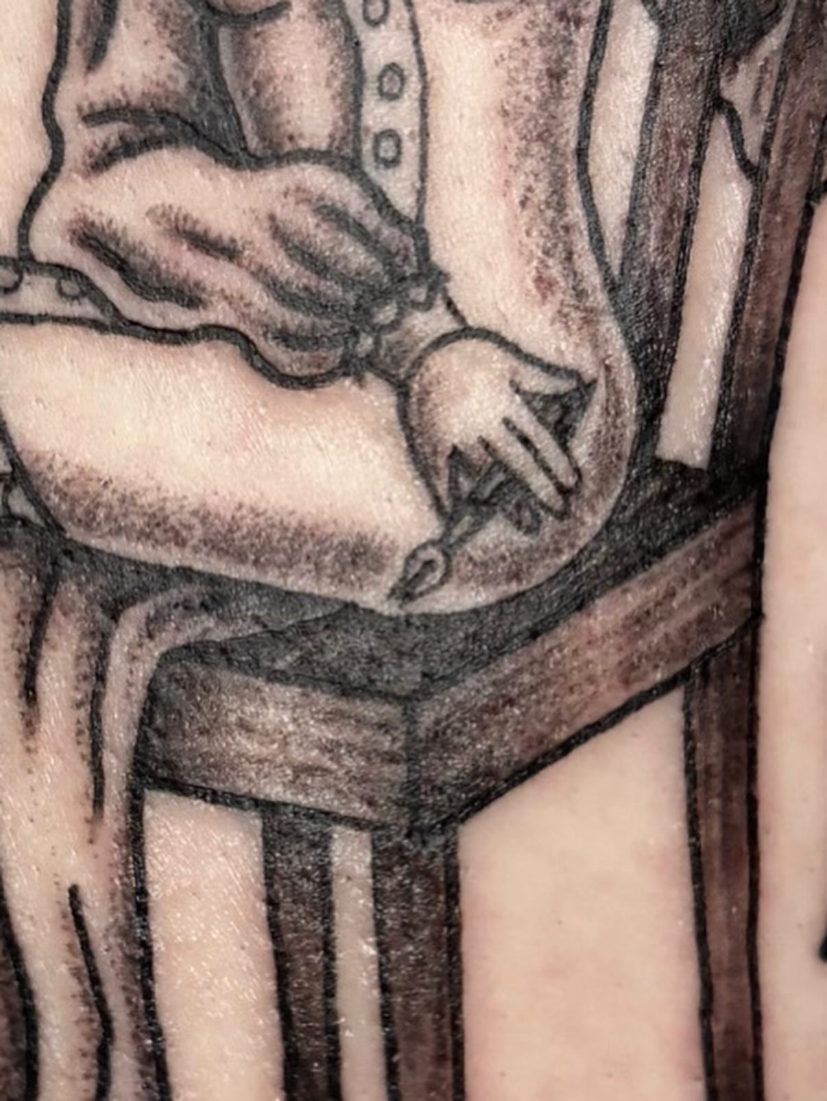 Religious figure American traditional tattoo on the forearm by Fin :