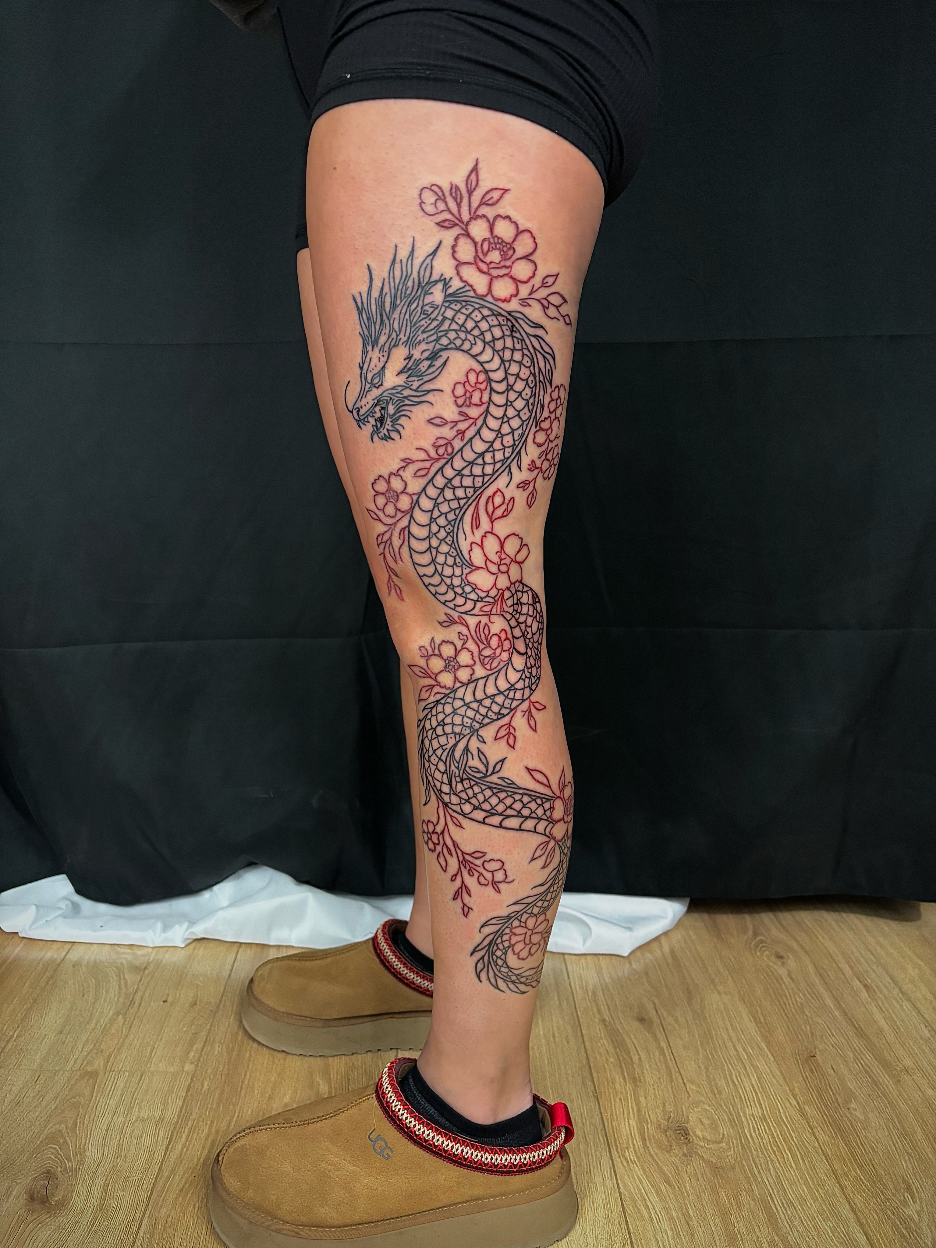Dragon and flowers japanese irezumi tattoo on the calf by JT.tattoos