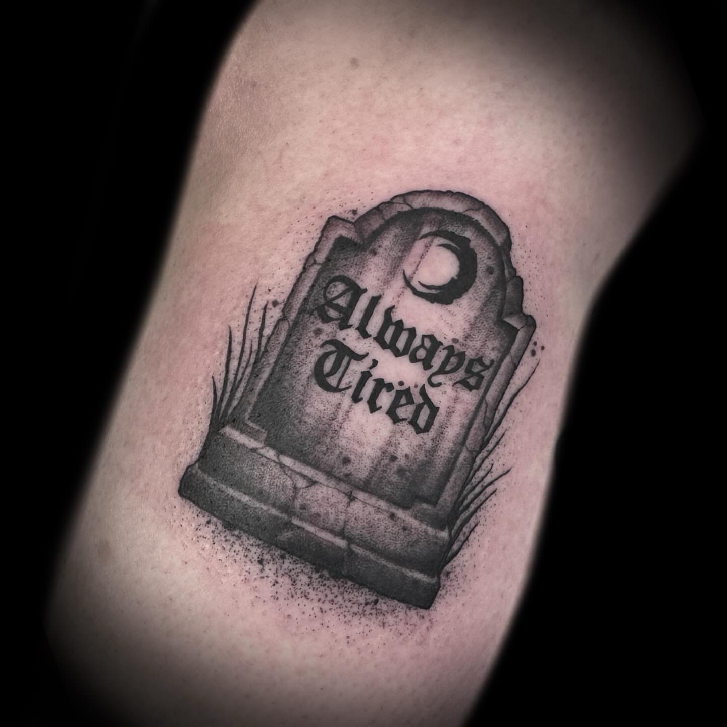 Grave marker black and grey tattoo on the forearm by Kelsea Weir McCree