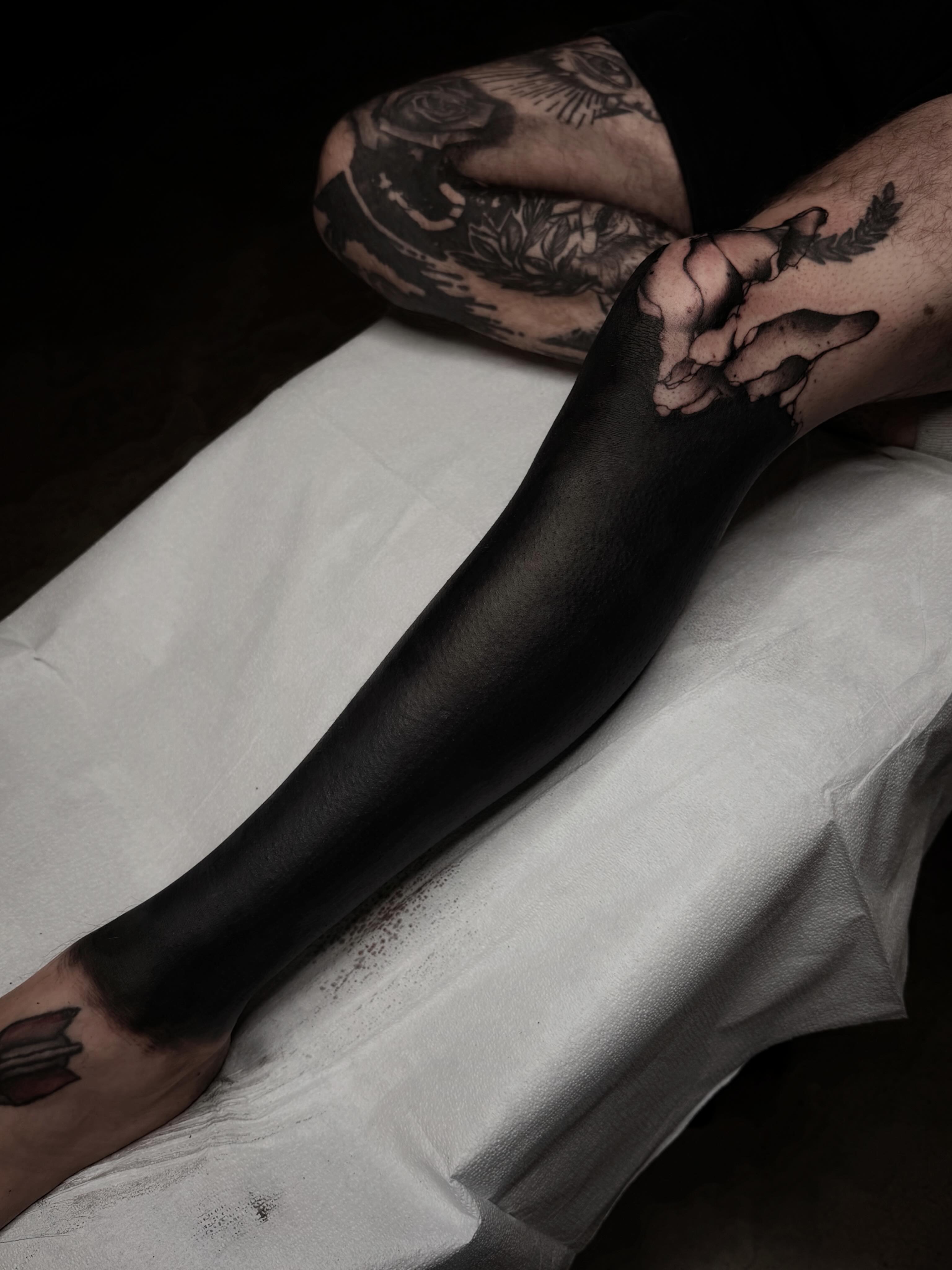 Leg black and grey tattoo on the leg by 𝖎 𝖆𝖒 𝖗𝖔𝖙𝖙𝖎𝖓𝖌 𝖜𝖎𝖙𝖍 𝖞𝖔𝖚