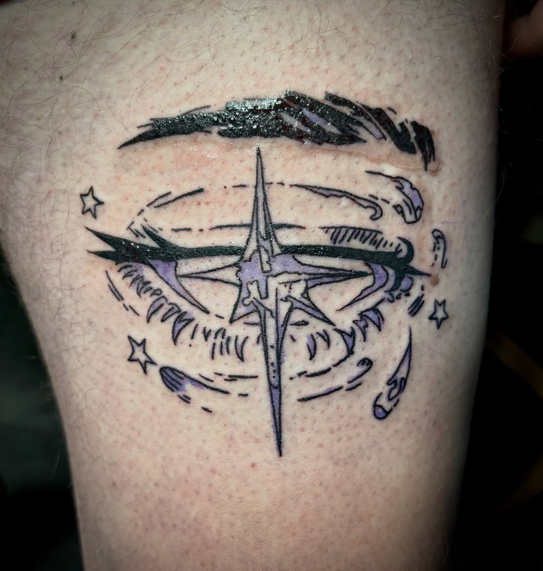 Compass rose with abstract elements cyber sigilism tattoo on the thigh by Rayne