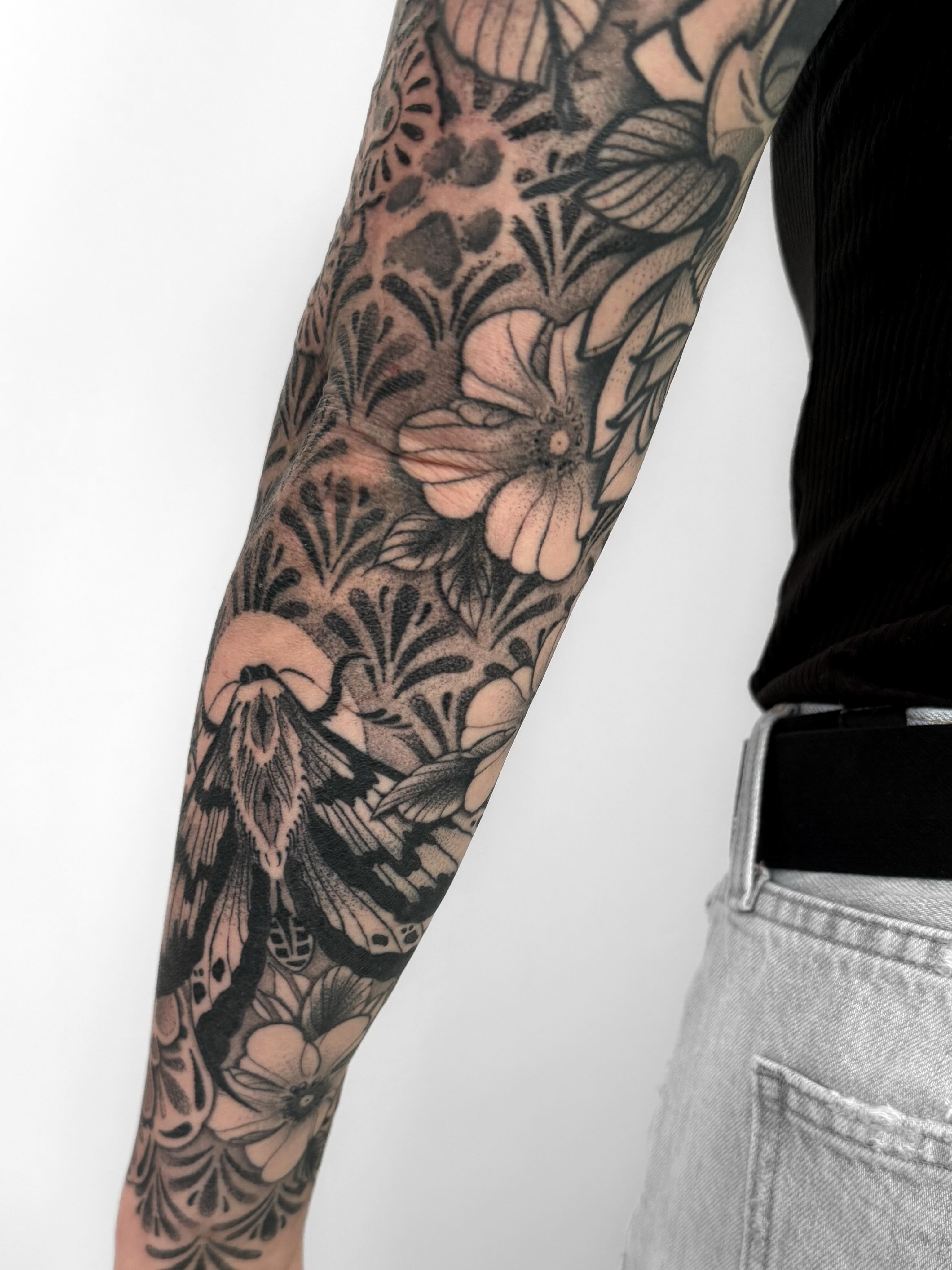 Floral pattern dotwork tattoo on the forearm by Jamie Beach, Wheat Ridge, Colorado