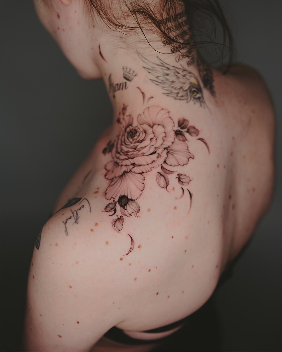 Floral bouquet realism tattoo on the neck by Esther ✣ Fine Line Floral Tattoo Artist LA, Los Angeles, California